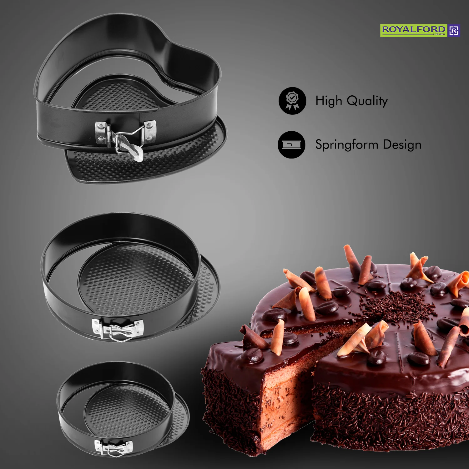 Royalford RF7046 3PCS Spring Form Set | Non-Stick| Oven Safe Bakeware | Round, Heart & Mini Cake Moulds for Perfect Cheesecakes, Baking & Easy Release Durable Design - Image 2
