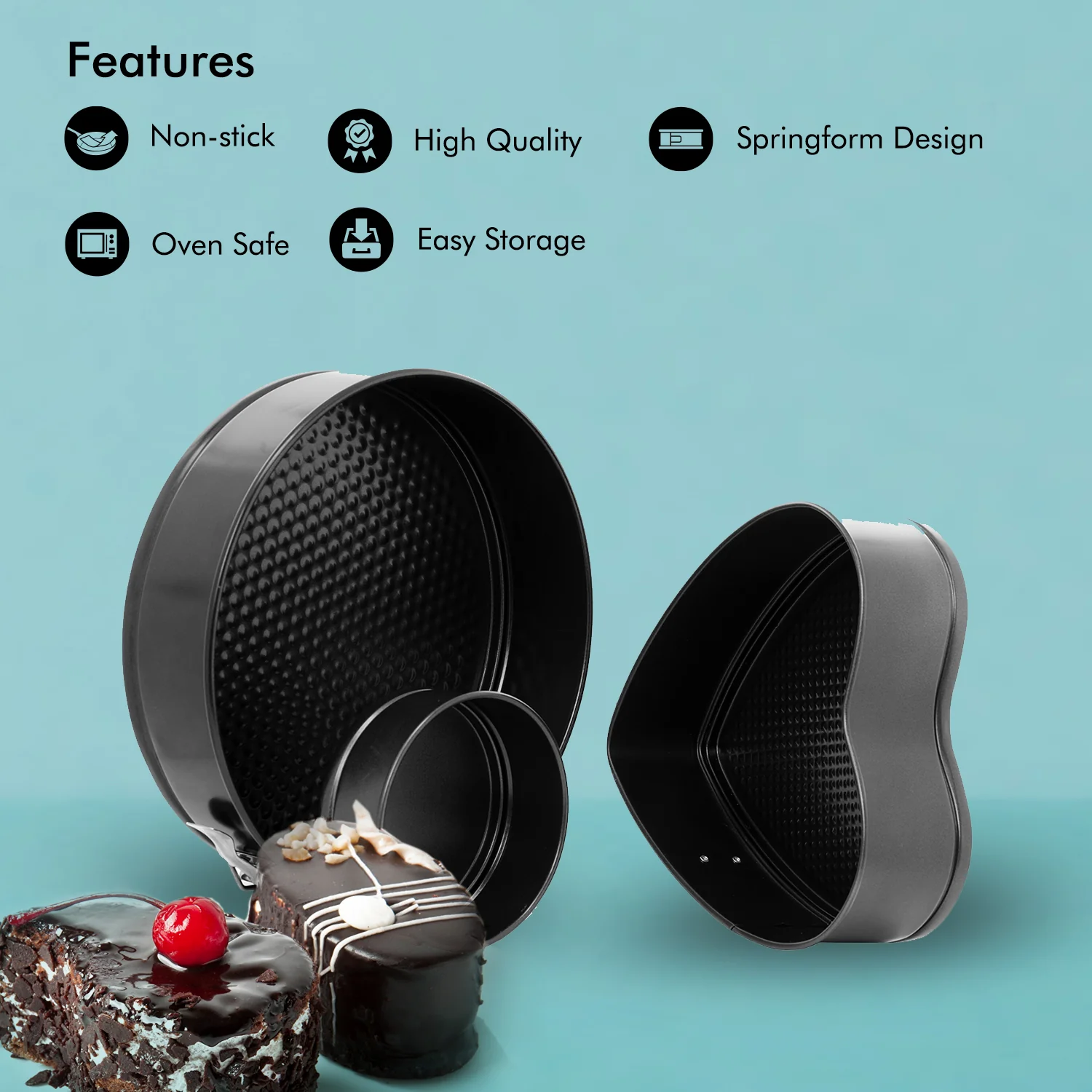 Royalford RF7046 3PCS Spring Form Set | Non-Stick| Oven Safe Bakeware | Round, Heart & Mini Cake Moulds for Perfect Cheesecakes, Baking & Easy Release Durable Design - Image 3