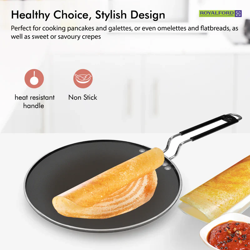 Royalford RF7460 27cm Aluminium Smart Tawa | Non-Stick Coating | Heat Resistant Handle | Low Oil Cooking | Flat Pan for Dosa, Roti , Pancake, Gas & Electric Use - Image 5
