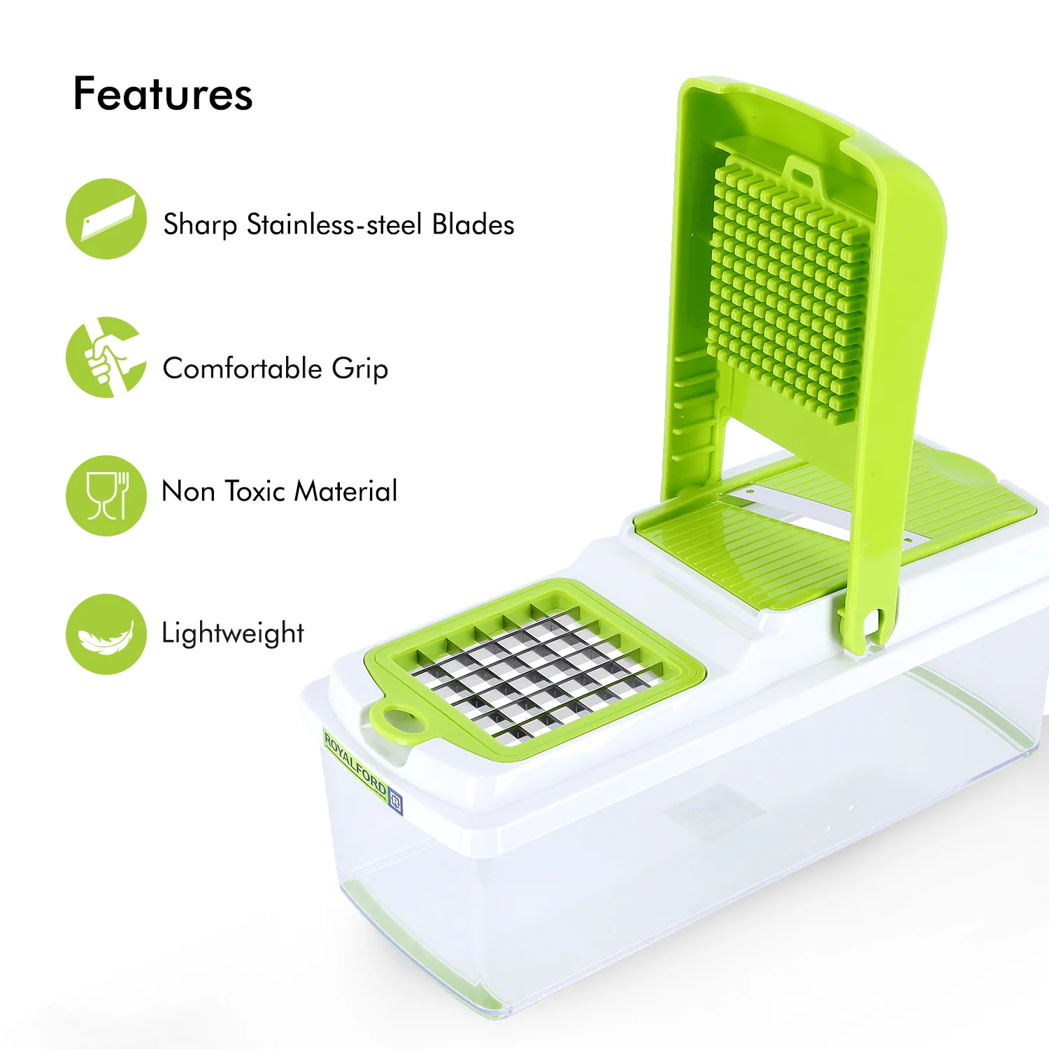 Royalford RF7768 11-in-1 Mandolin Chopper | Multi-Function Slicer & Dicer | Stainless Steel Blades| Heavy-Duty Container Base| Fast Vegetable Cutting | Easy To Clean - Image 3