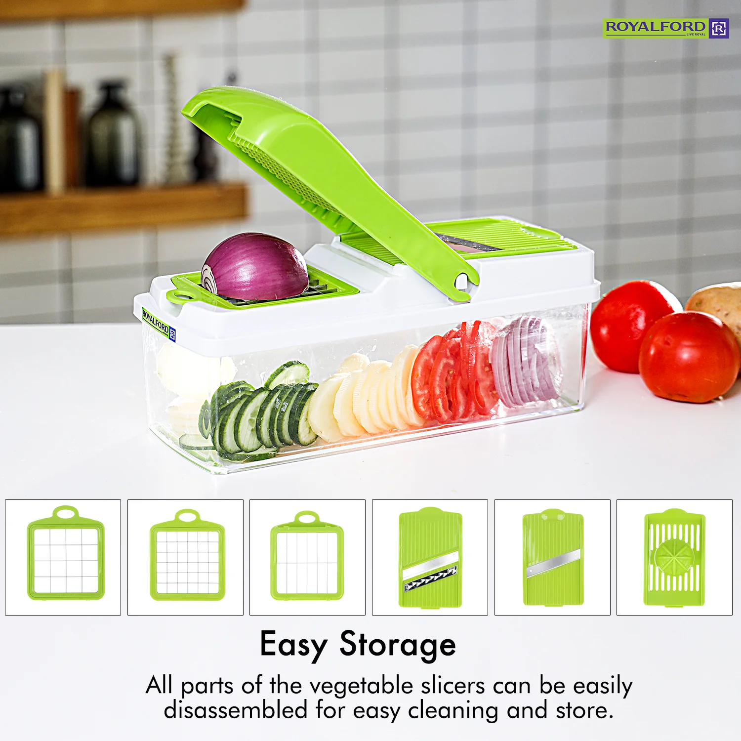 Royalford RF7768 11-in-1 Mandolin Chopper | Multi-Function Slicer & Dicer | Stainless Steel Blades| Heavy-Duty Container Base| Fast Vegetable Cutting | Easy To Clean - Image 5
