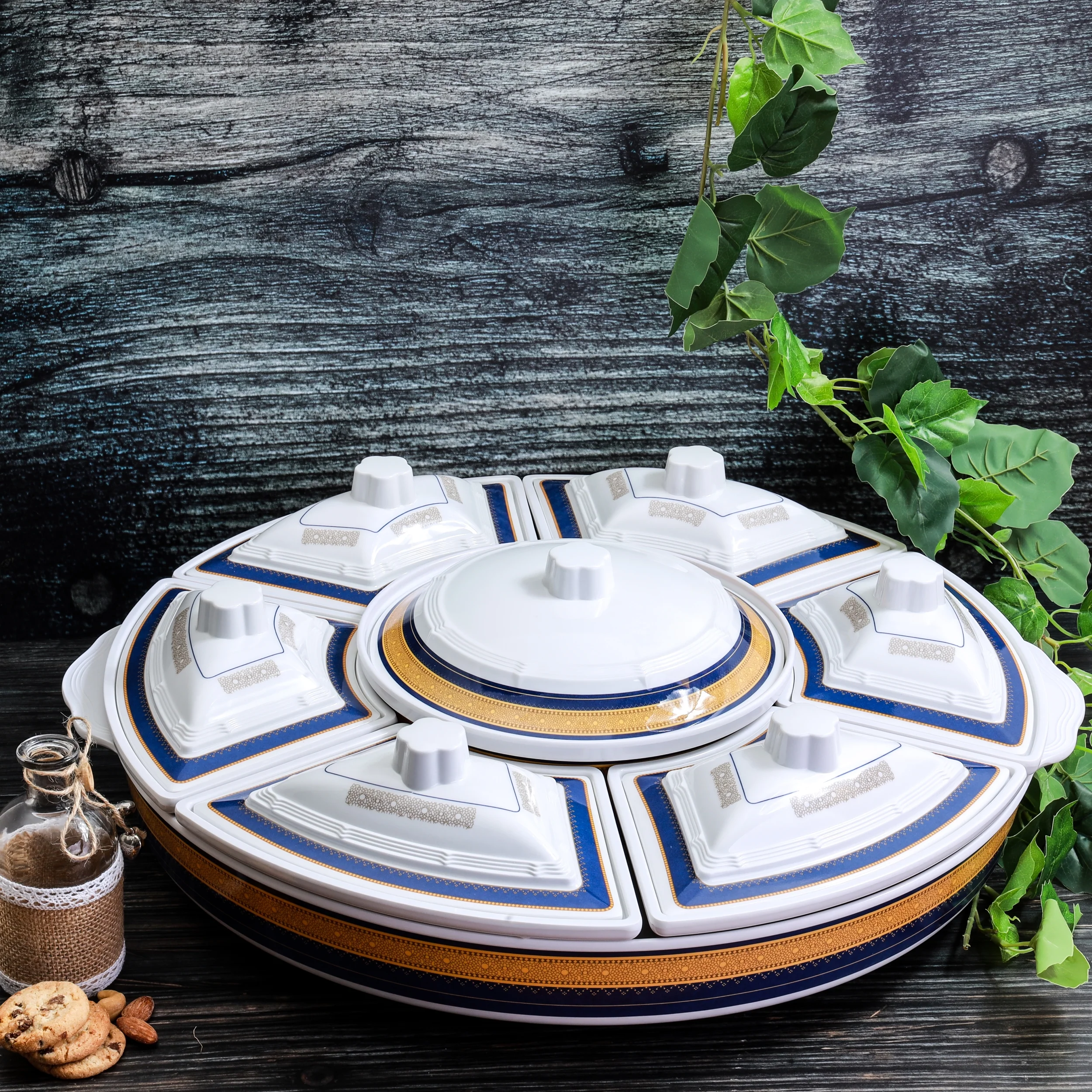 Royalford RF7804 Revolving Serving Tray | Premium Melamine 360 Degree Rotating Dining Tray with Square & Round Bowls with Lids | Elegant Table Serving Home & Party Use - Image 2