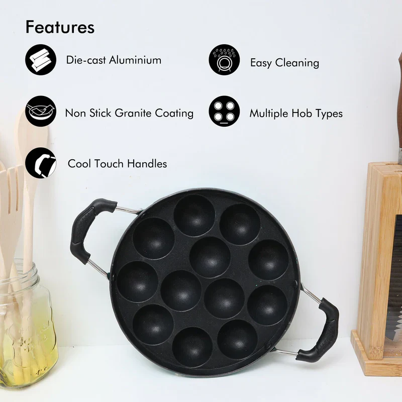 Royalford RF8381 12 Pits Non-Stick Paniyarakkal Appam Pan | 21cm Die-Cast Aluminium |  3-Layer Durable Coating | Heat-Resistant Handles | Suitable For Daily  Use - Image 2