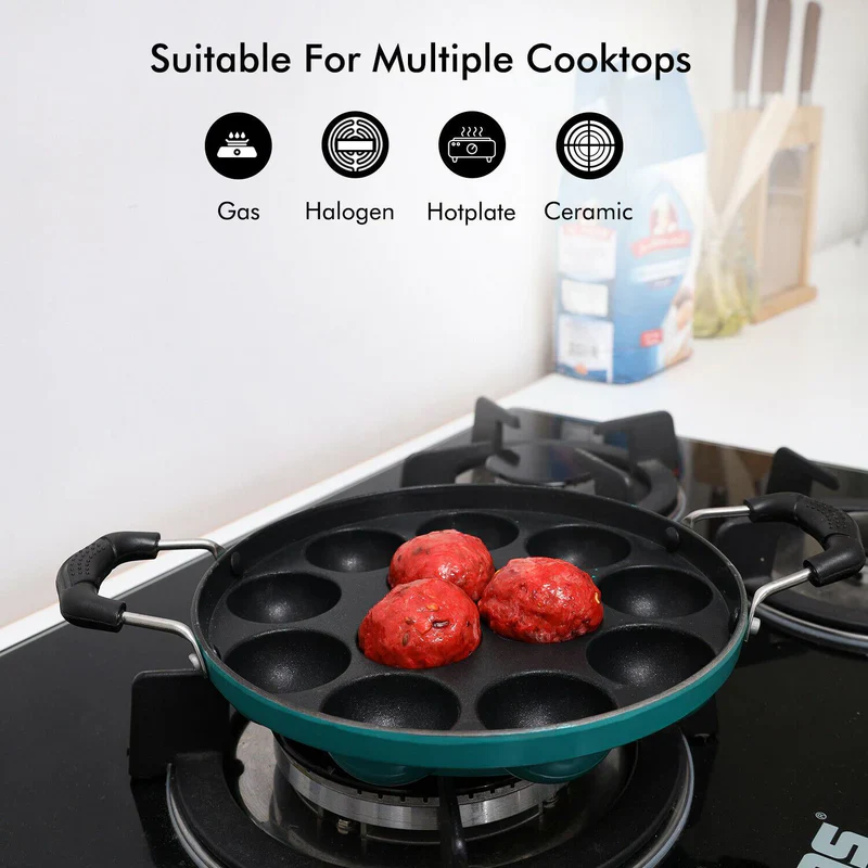 Royalford RF8381 12 Pits Non-Stick Paniyarakkal Appam Pan | 21cm Die-Cast Aluminium |  3-Layer Durable Coating | Heat-Resistant Handles | Suitable For Daily  Use - Image 3