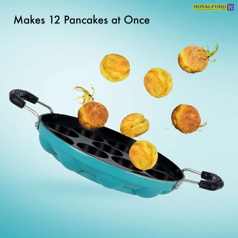 Royalford RF8381 12 Pits Non-Stick Paniyarakkal Appam Pan | 21cm Die-Cast Aluminium |  3-Layer Durable Coating | Heat-Resistant Handles | Suitable For Daily  Use - Image 4