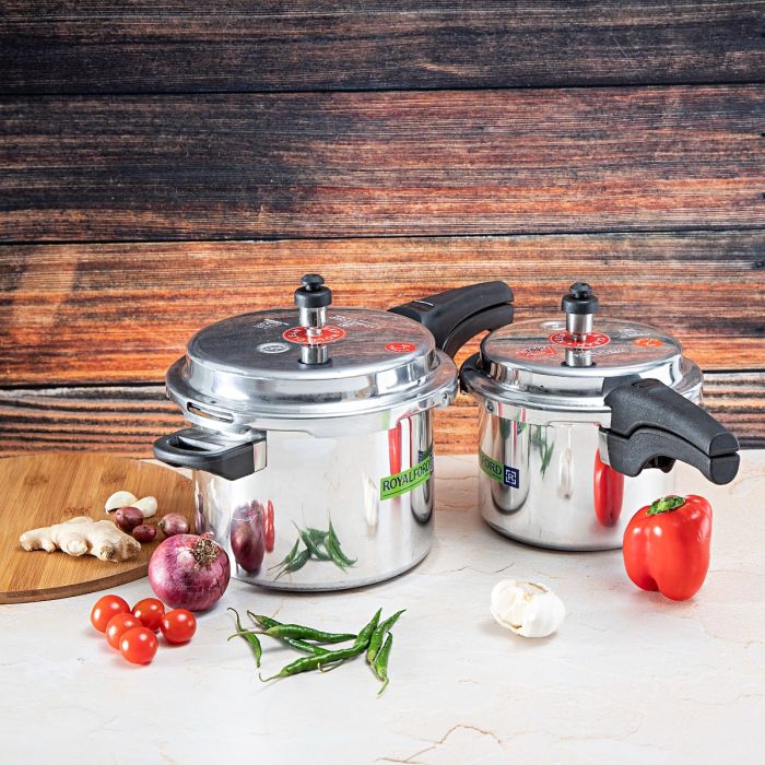 Royalford RF8428  Aluminium Pressure Cooker Combo 5L + 3L |  Non-Induction Base for Gas, Electric, Ceramic & Halogen Cooktops |   Durable Aluminium Construction - Image 2