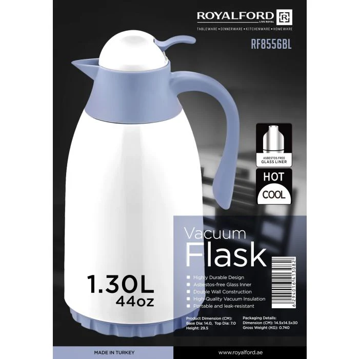 Royalford RF8556BL 1.3L Glass Vacuum Flask-Turkey/Blue - Durable & Portable| Leak-proof & Vacuum Insulation| Ideal for tea, coffee, juices, milkshakes, smoothies - Image 6