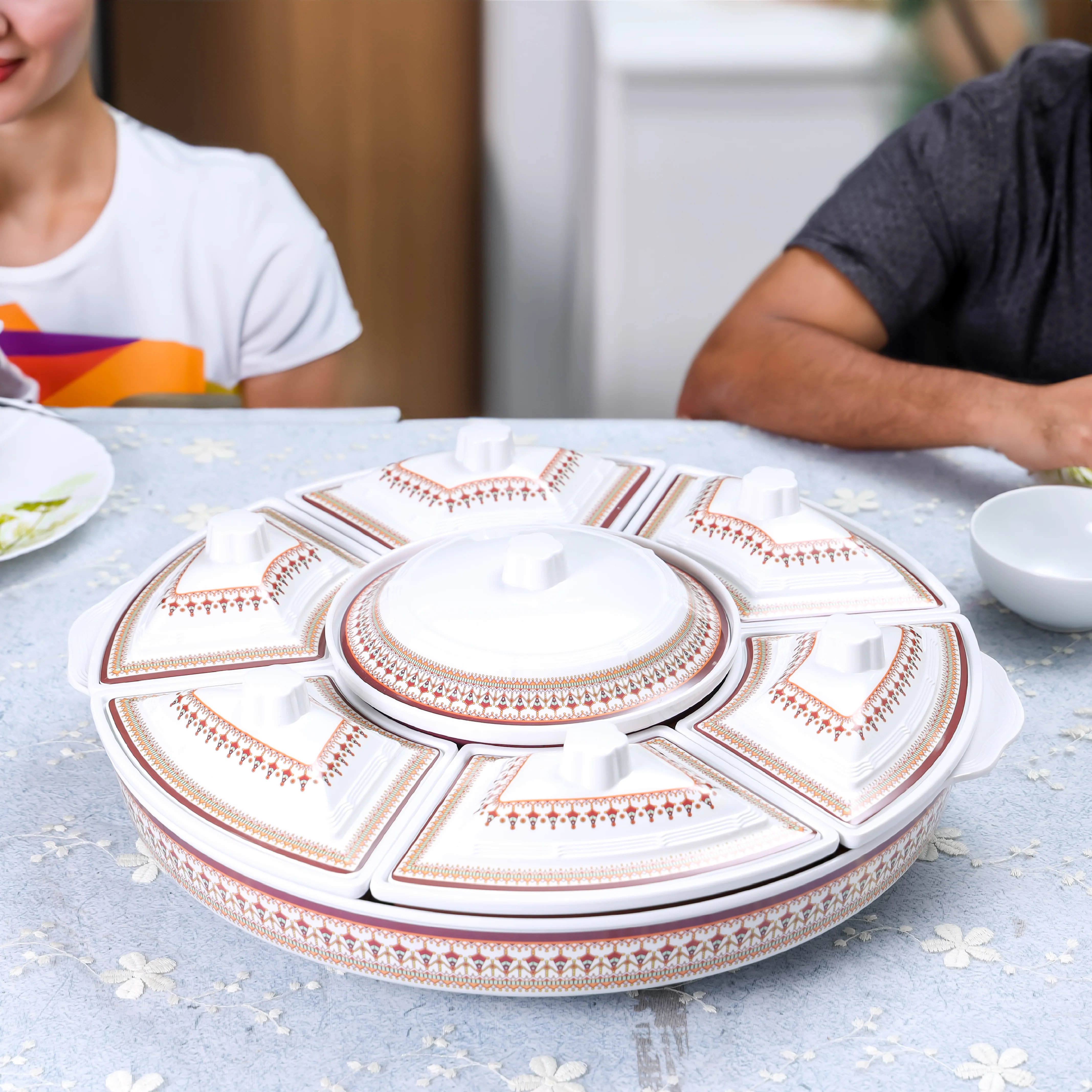 Royalford RF8581  Revolving Serving Tray | Premium Melamine Build | 360 Degree Rotating Base | Covered Bowls with Lids | Elegant & Durable Dining Table Tray Set - Image 4