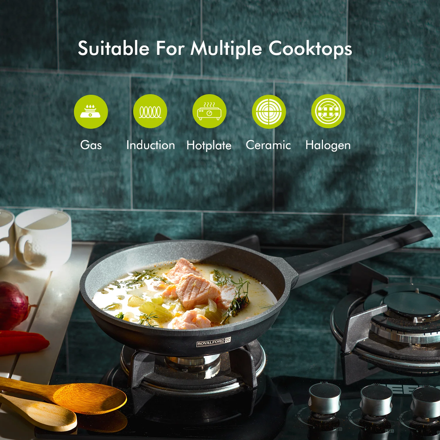 Royalford RF8593 20CM Die Cast Aluminium Fry Pan | Marble Non-Stick Coating | Induction Compatible Bottom | Soft Touch Bakelite Handle | Durable & Dishwasher Safe Pan - Image 2