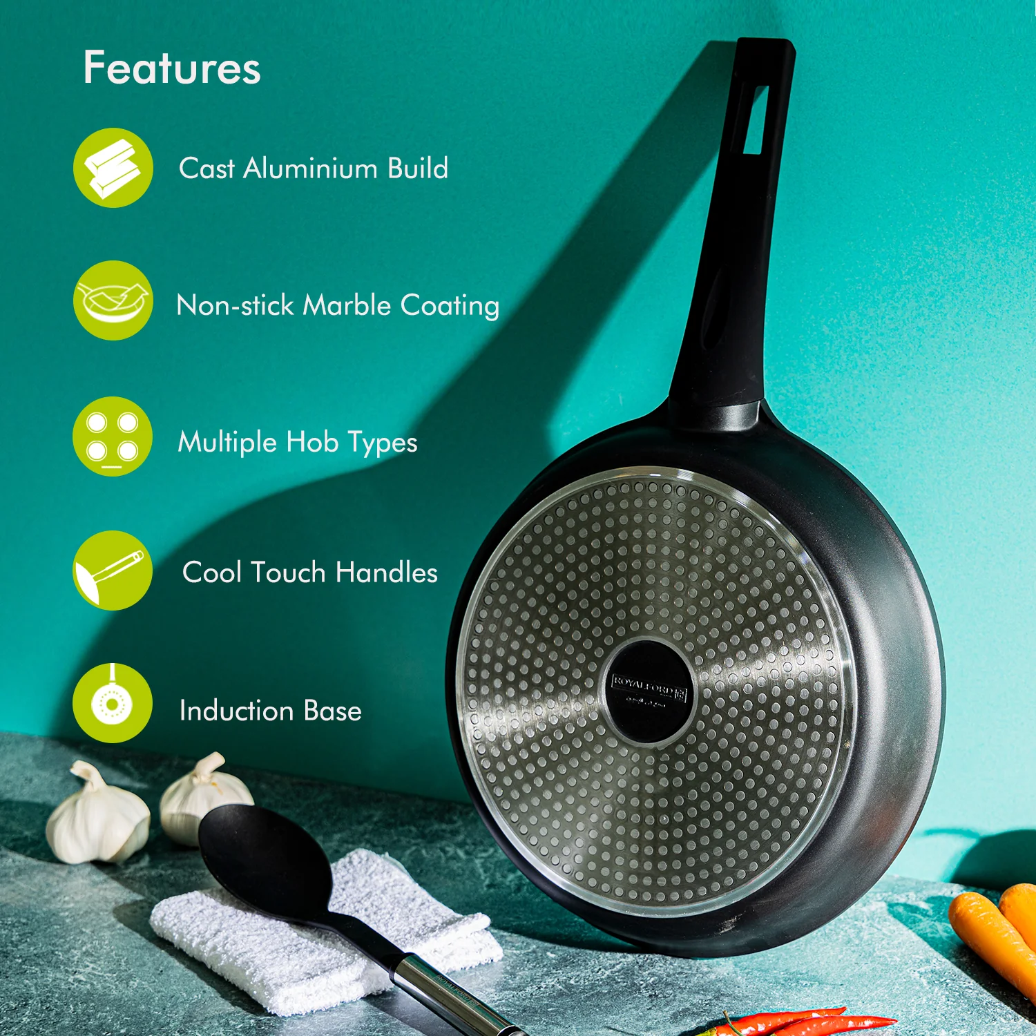Royalford RF8593 20CM Die Cast Aluminium Fry Pan | Marble Non-Stick Coating | Induction Compatible Bottom | Soft Touch Bakelite Handle | Durable & Dishwasher Safe Pan - Image 3