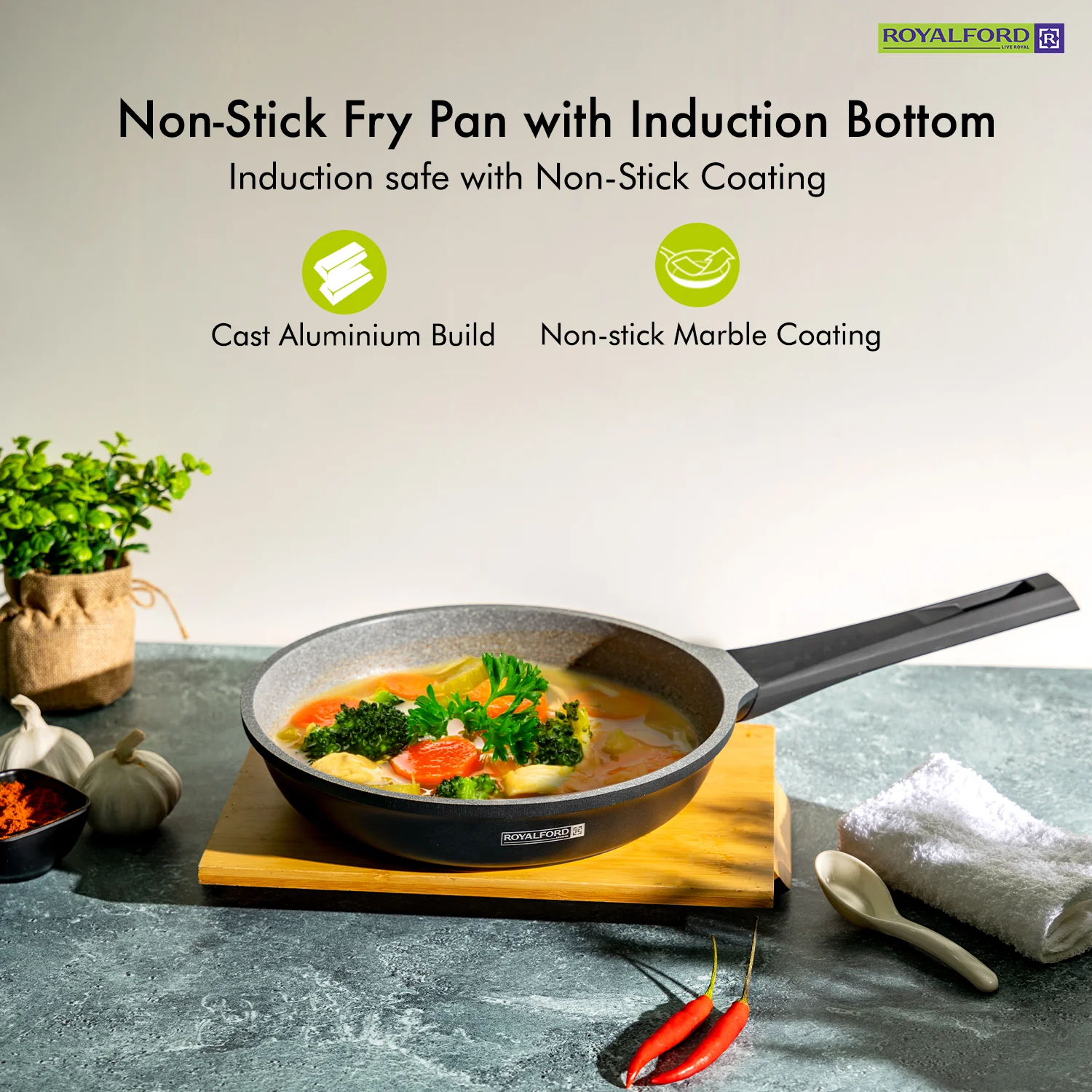 Royalford RF8593 20CM Die Cast Aluminium Fry Pan | Marble Non-Stick Coating | Induction Compatible Bottom | Soft Touch Bakelite Handle | Durable & Dishwasher Safe Pan - Image 6