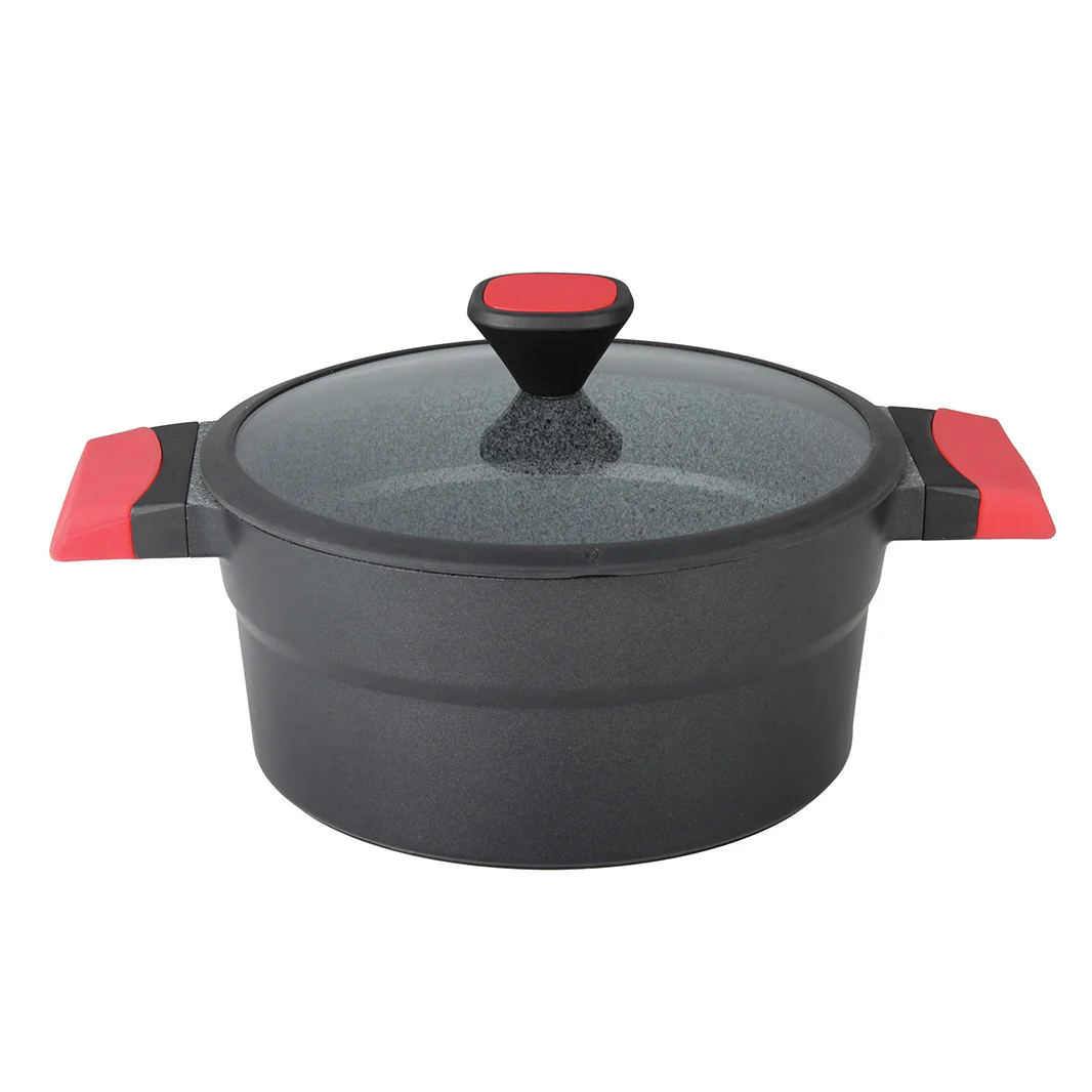 Royalford RF8597 20CM Die Cast Aluminium Casserole | Marble Non-Stick Coating | Glass Lid with Silicone Ring | Induction Bottom & Heat-Resistant Bakelite Handles