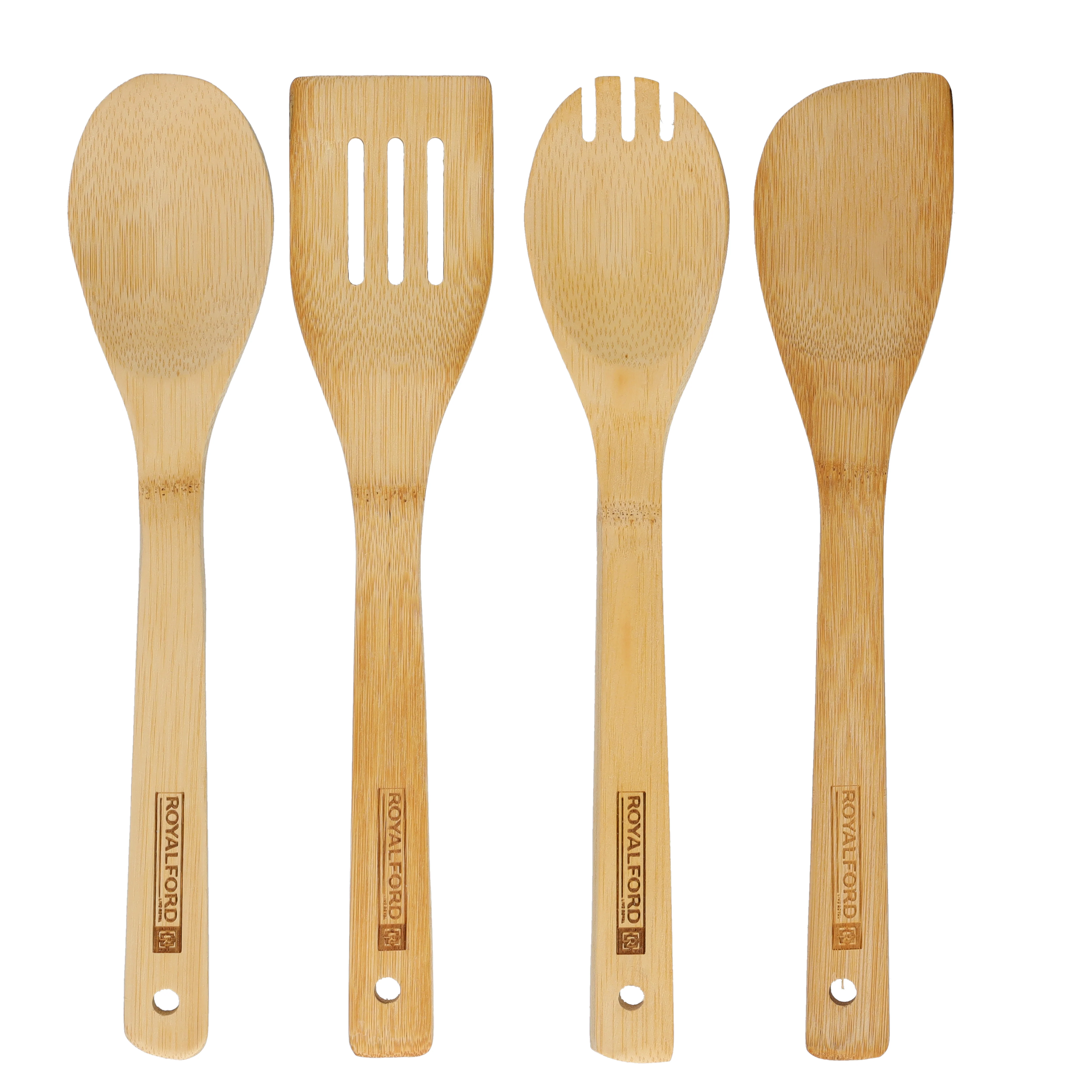 Royalford RF8687 Bamboo Kitchen Tools Set 4 Pcs | Carbonized Wooden Utensils for Cooking | Non-Stick Safe | Eco-Friendly Kitchen Tools| Perfect for Daily Home Use
