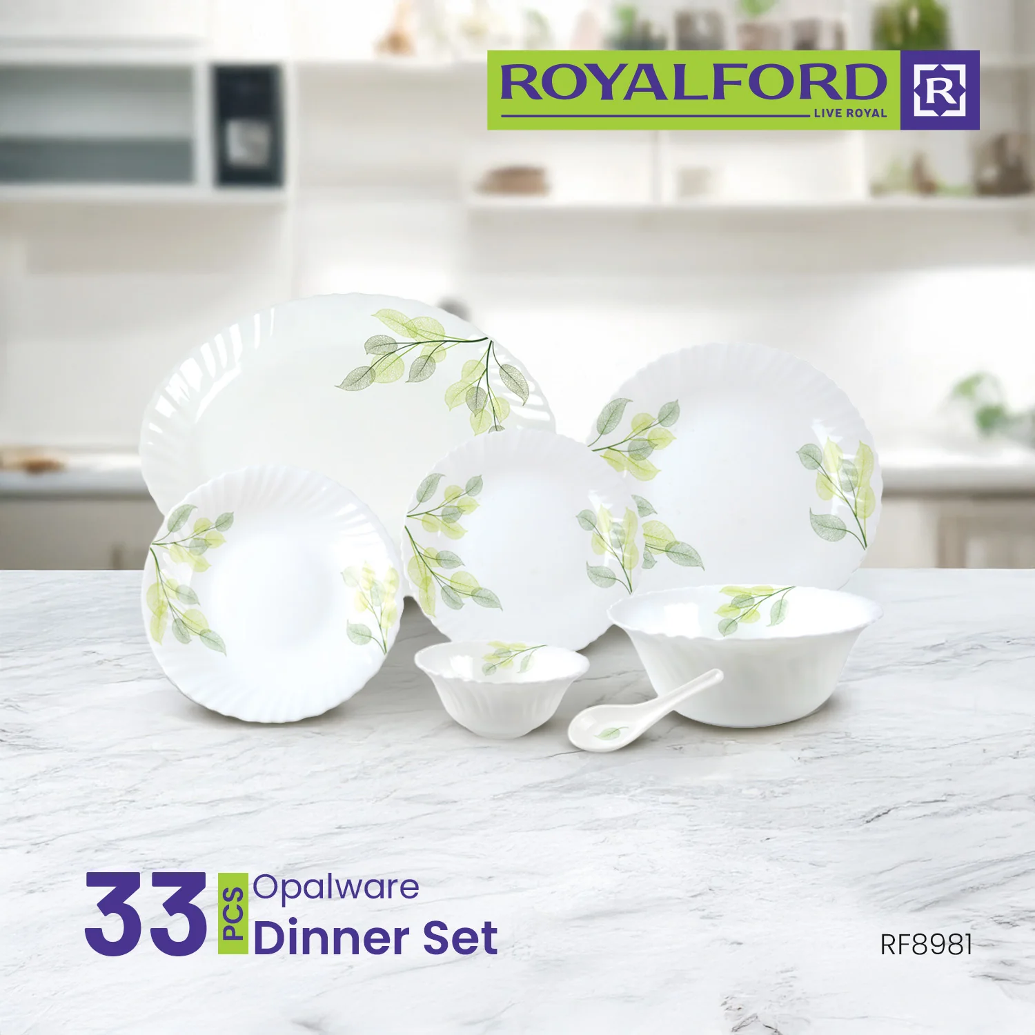 Royalford RF8981 33-Piece Opalware Dinner Set | Premium Tableware | Durable Leaf-Pattern Plates, Bowls & Spoons  | Dishwasher Safe, Microwave Safe  & Freezer Safe - Image 2