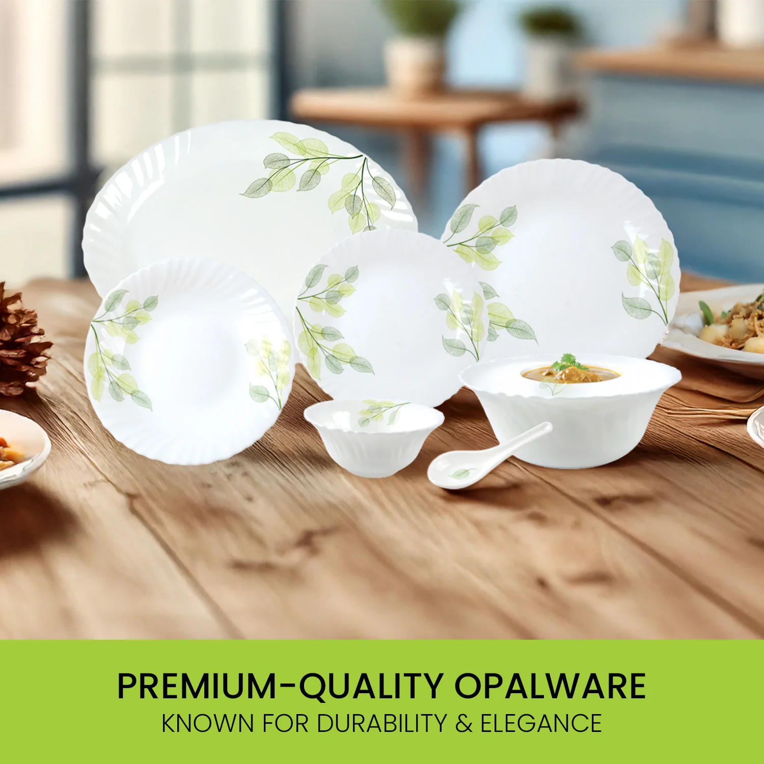 Royalford RF8981 33-Piece Opalware Dinner Set | Premium Tableware | Durable Leaf-Pattern Plates, Bowls & Spoons  | Dishwasher Safe, Microwave Safe  & Freezer Safe - Image 3