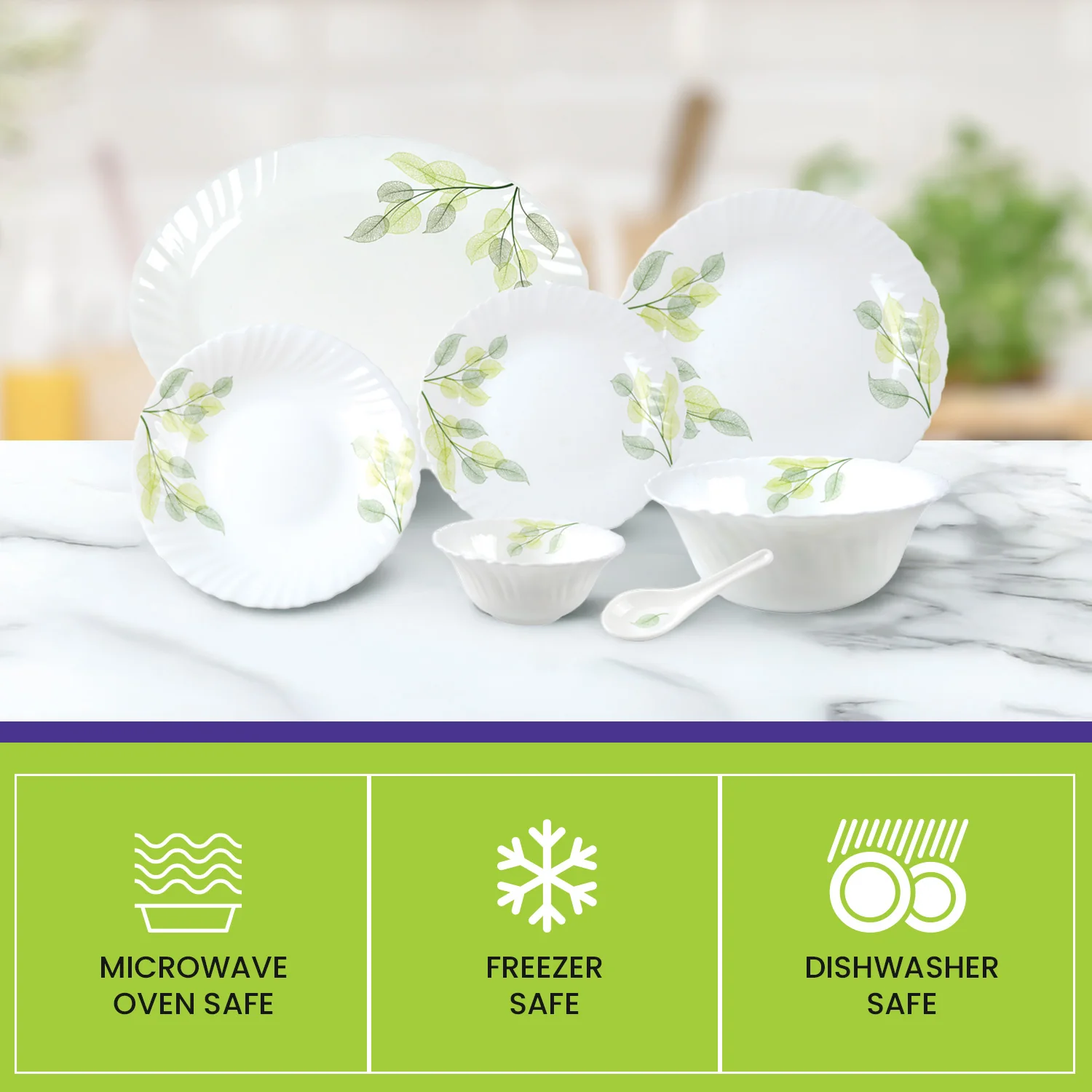 Royalford RF8981 33-Piece Opalware Dinner Set | Premium Tableware | Durable Leaf-Pattern Plates, Bowls & Spoons  | Dishwasher Safe, Microwave Safe  & Freezer Safe - Image 4