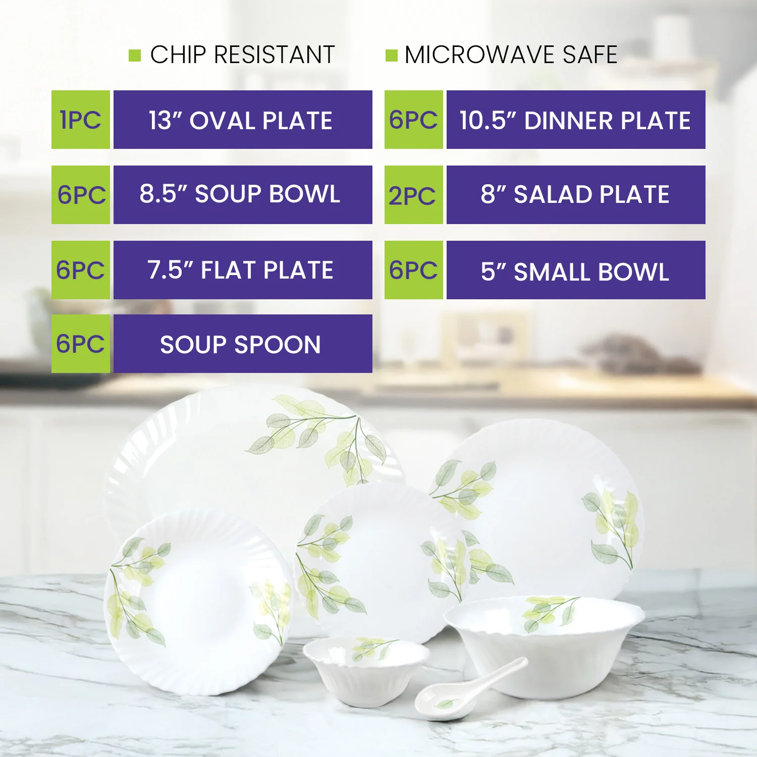 Royalford RF8981 33-Piece Opalware Dinner Set | Premium Tableware | Durable Leaf-Pattern Plates, Bowls & Spoons  | Dishwasher Safe, Microwave Safe  & Freezer Safe - Image 5