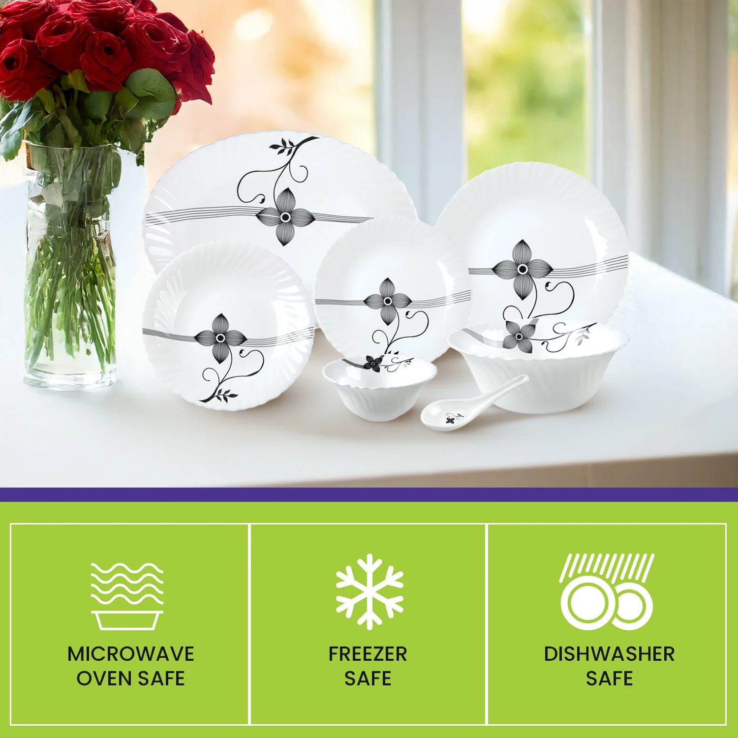 Royalford RF8983 33-Piece Opalware Dinner Set |Elegant Floral Tableware | Premium Durable Opal Glass | Lightweight Design |Dishwasher Safe, Microwave Safe & Freezer Safe - Image 4