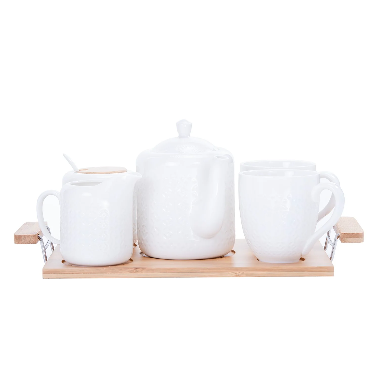 Royalford RF9239 6Pcs Porcelain Tea Set |  Wooden Stand High-Grade Porcelain Tea Pot Cups Accessories Set | Elegant Serving Tray for Home Gifting and Entertaining - Image 3