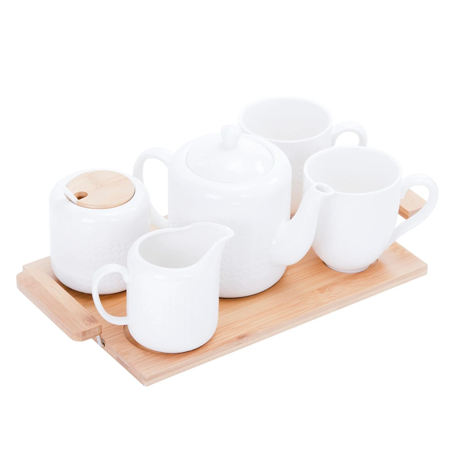 Royalford RF9239 6Pcs Porcelain Tea Set |  Wooden Stand High-Grade Porcelain Tea Pot Cups Accessories Set | Elegant Serving Tray for Home Gifting and Entertaining - Image 4