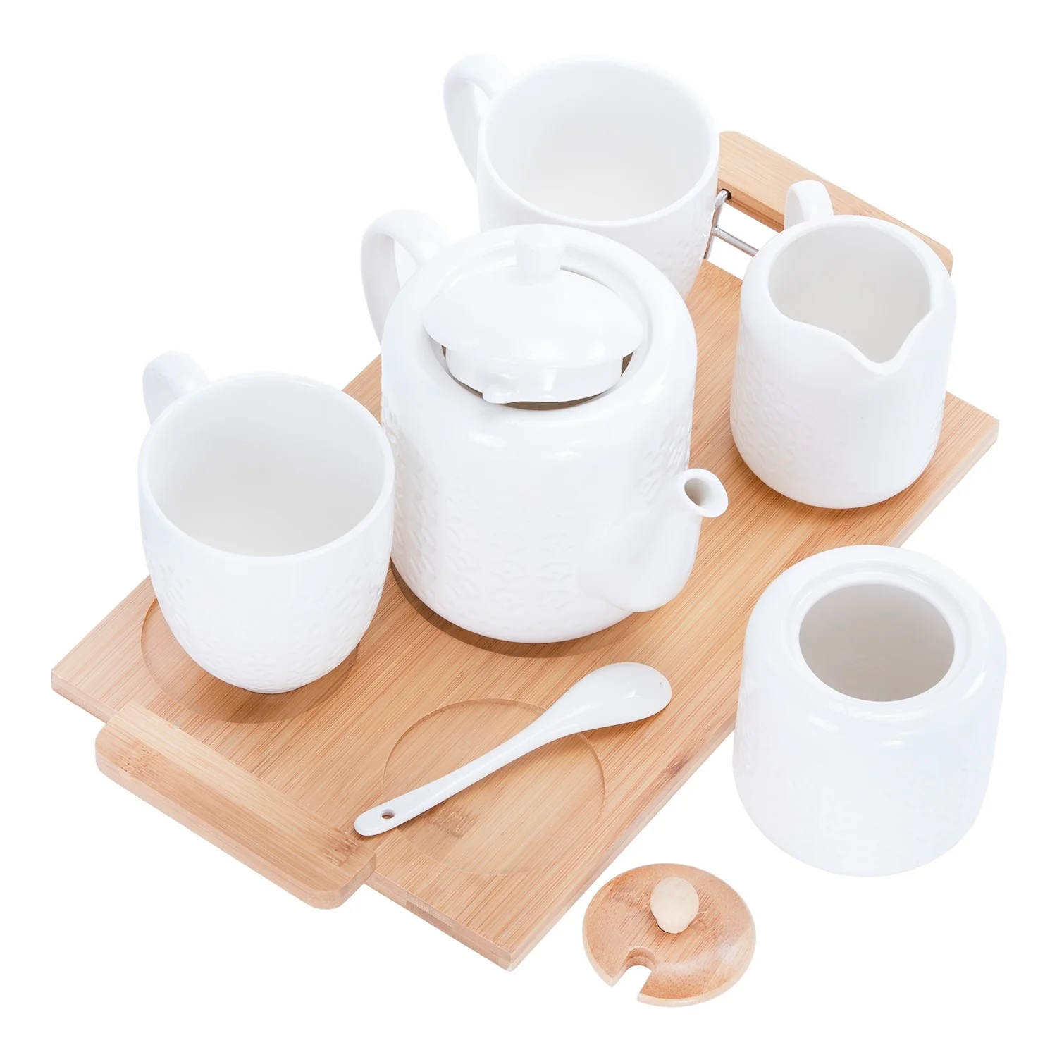 Royalford RF9239 6Pcs Porcelain Tea Set |  Wooden Stand High-Grade Porcelain Tea Pot Cups Accessories Set | Elegant Serving Tray for Home Gifting and Entertaining - Image 5