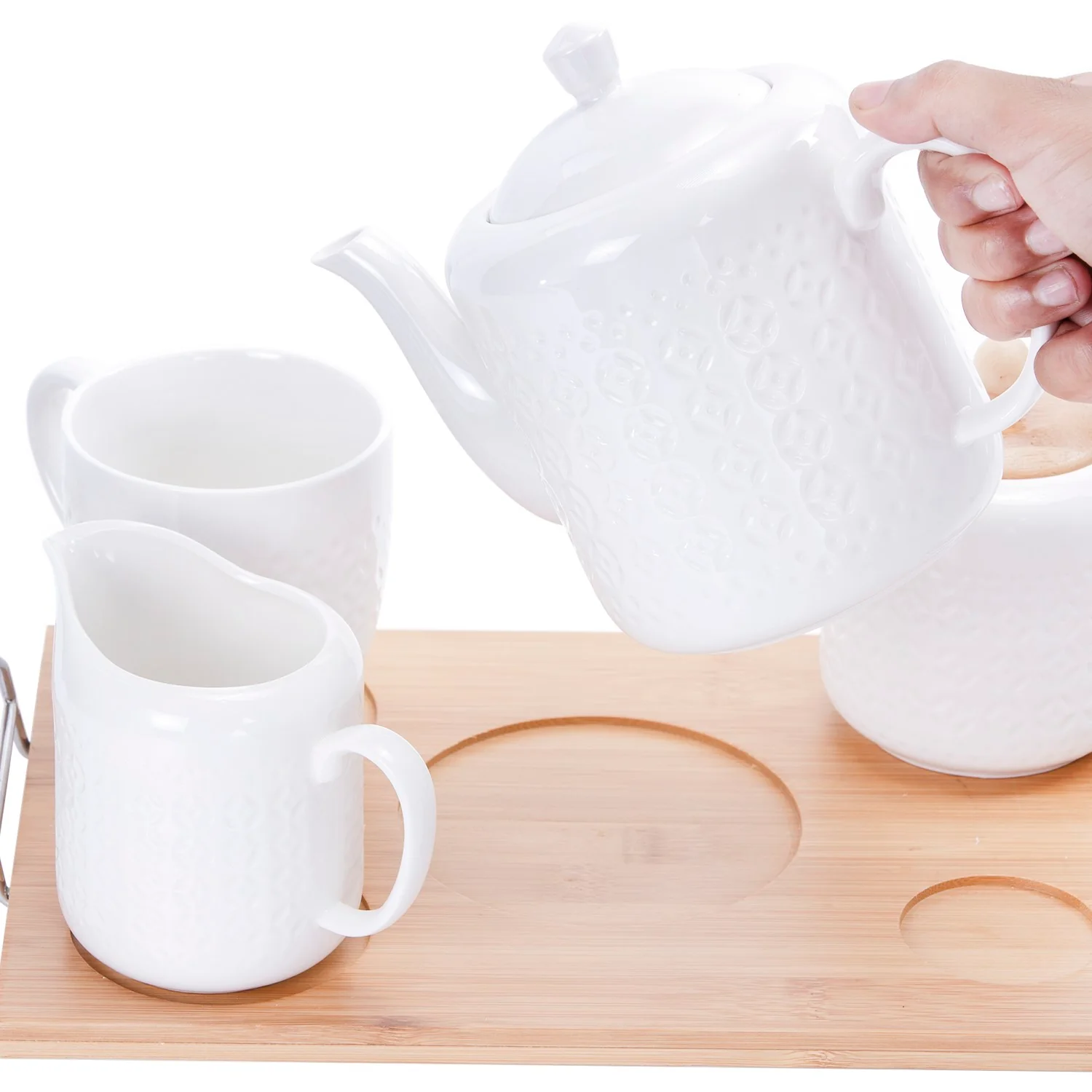 Royalford RF9239 6Pcs Porcelain Tea Set |  Wooden Stand High-Grade Porcelain Tea Pot Cups Accessories Set | Elegant Serving Tray for Home Gifting and Entertaining - Image 6