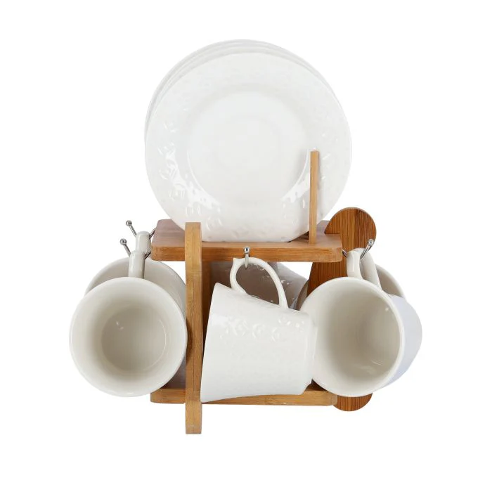 Royalford RF9242 12PCS Porcelain Cup & Saucer Set with Wooden Stand - Ideal for Daily Use - Non-Toxic, Ecologically Tasteless, Smooth Surface, Comfortable Grip and Lightweight - Image 3