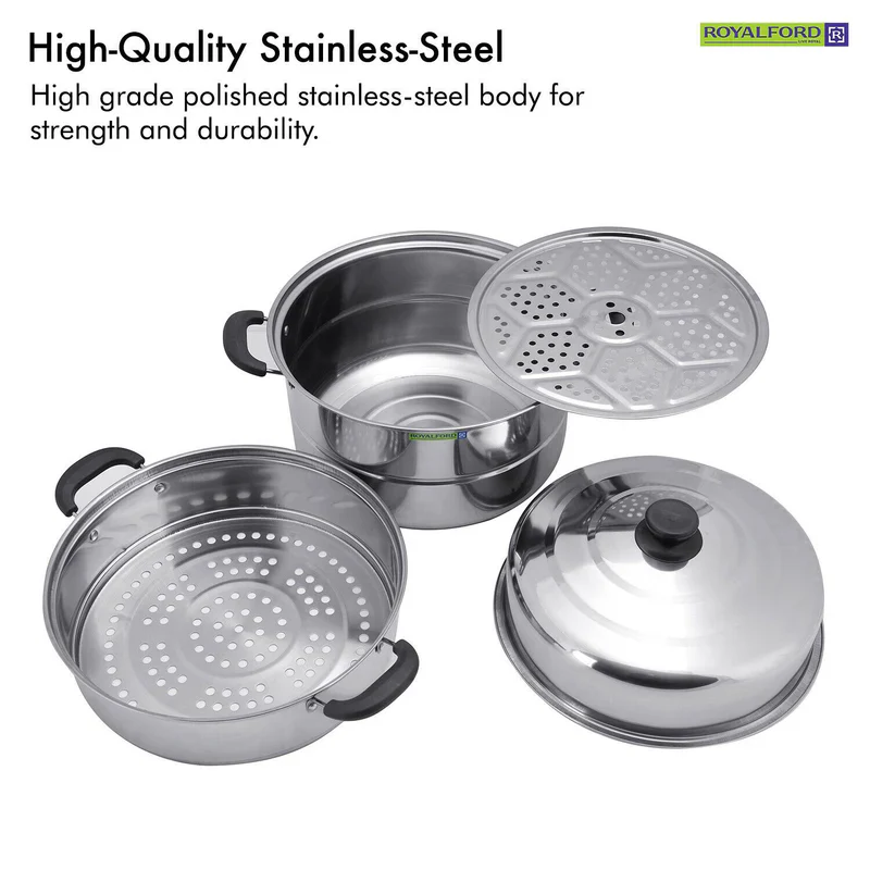 Royalford RF9351 3-Layer Stainless Steel Steamer Pot 9L | Multi-Purpose 30CM Induction-Compatible Cooking Steamer for Efficient| Nutritious Meal Preparation at Home - Image 3
