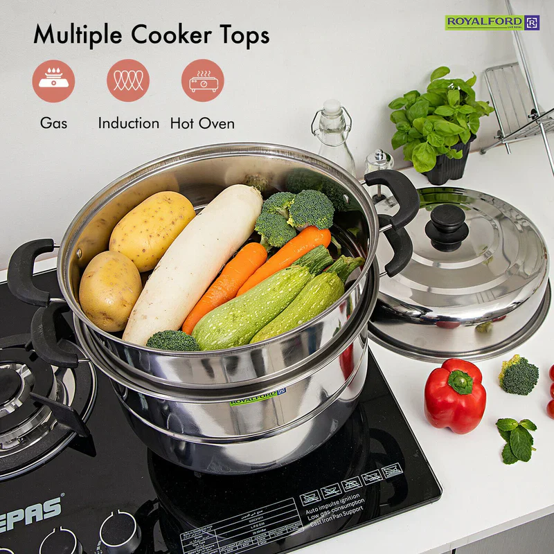 Royalford RF9351 3-Layer Stainless Steel Steamer Pot 9L | Multi-Purpose 30CM Induction-Compatible Cooking Steamer for Efficient| Nutritious Meal Preparation at Home - Image 4