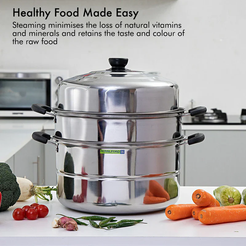 Royalford RF9351 3-Layer Stainless Steel Steamer Pot 9L | Multi-Purpose 30CM Induction-Compatible Cooking Steamer for Efficient| Nutritious Meal Preparation at Home - Image 5