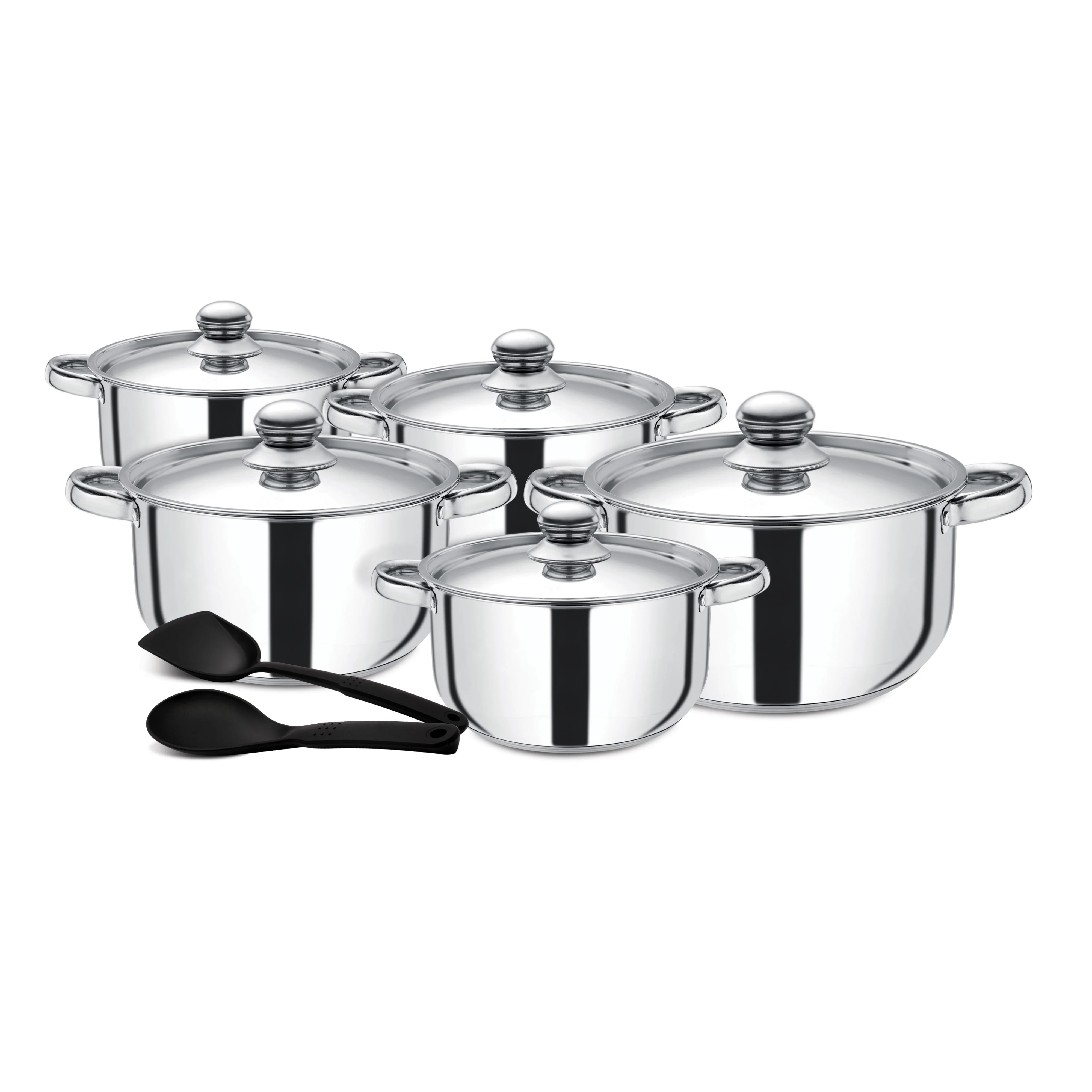Royalford RF9352 Stainless Steel 12-Piece Cookware Set | 5 Casserole Pots with Lids| Induction Compatible| Ergonomic Rivet Handles & Nylon Tools| Durable Premium Cookware