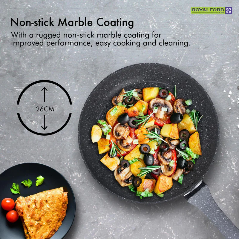 Royalford RF9464 Smart Frypan | Durable Marble Coating | 3.8mm Induction Bottom | Forged Aluminium Body & Soft-Touch Handle | PFOA & PTFE Free | Multi Cooktop Compatible - Image 6