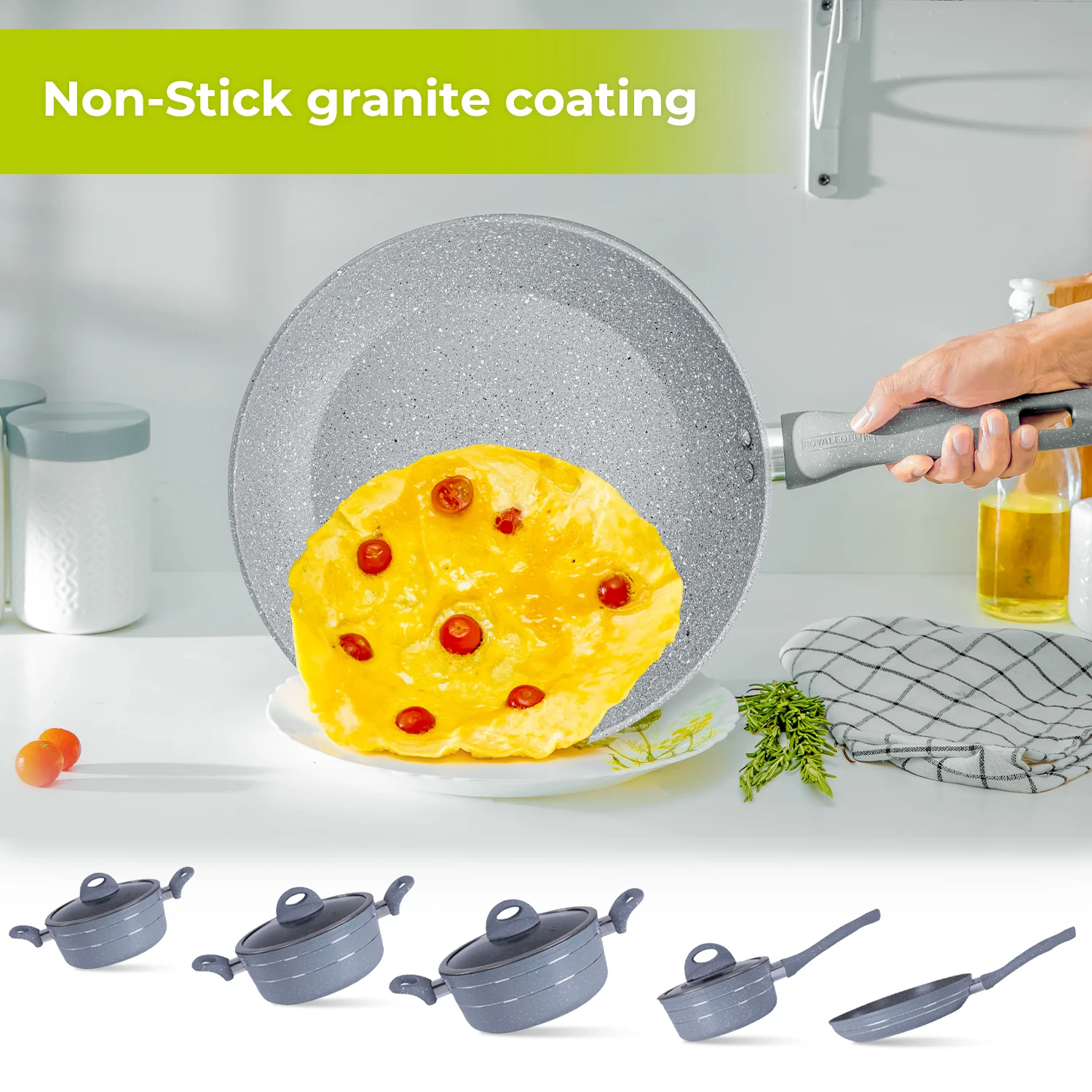 Royalford RF9555 Smart Granite 9 PCS Forged Aluminium Cookware Set with Lids | Durable Design | Marble Coated Interior | 3.8mm Induction Base | Soft Touch Handles - Image 4
