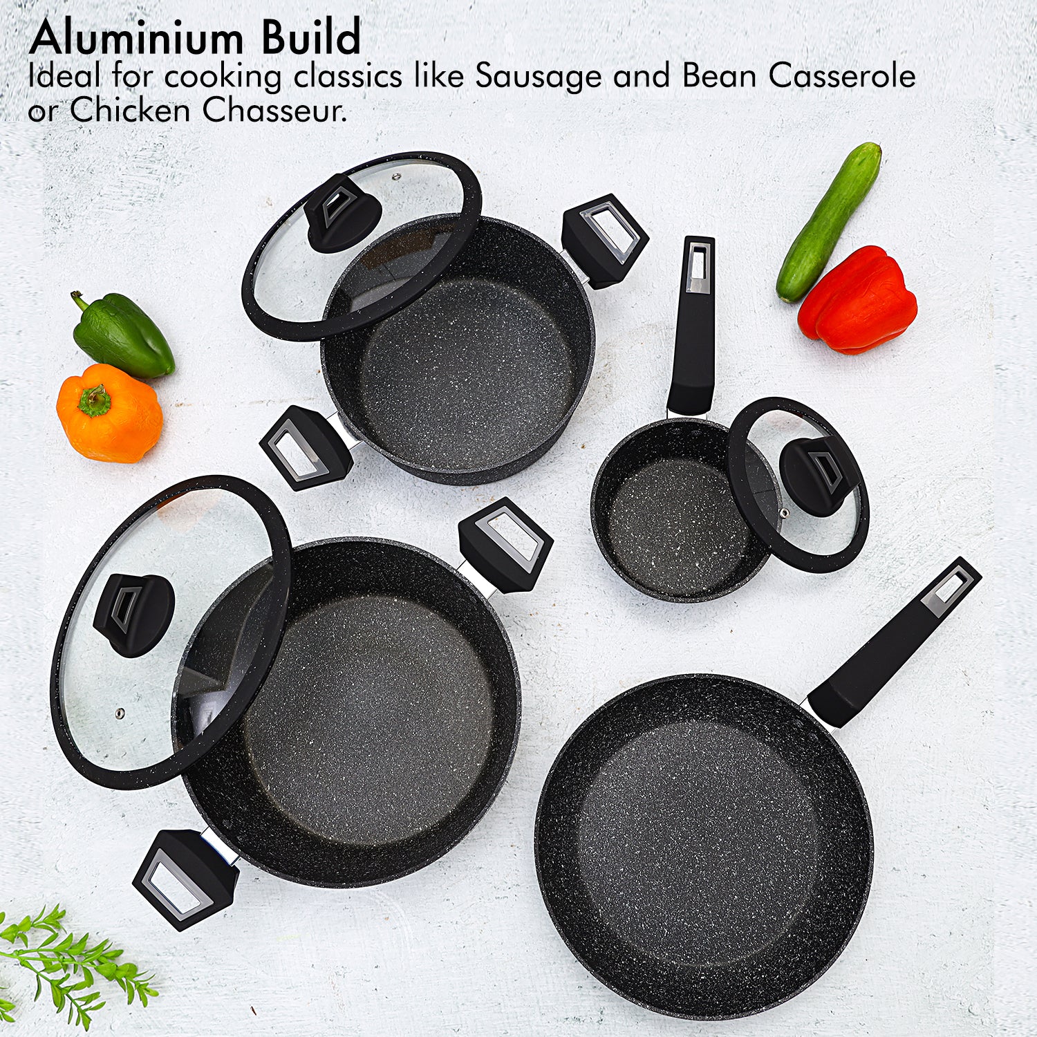 Royalford RF9557 7PCS Black ChefArt Aluminium Cookware Set | Induction Base | 2.5MM Body Thickness | Tempered Glass Lids and Soft Touch Handles for All Cooktops - Image 3