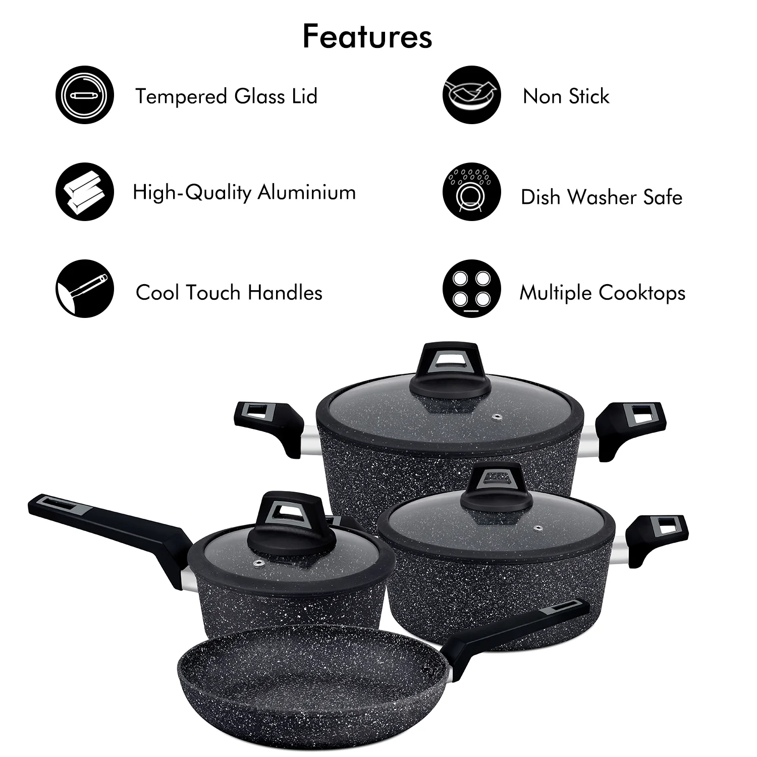 Royalford RF9557 7PCS Black ChefArt Aluminium Cookware Set | Induction Base | 2.5MM Body Thickness | Tempered Glass Lids and Soft Touch Handles for All Cooktops - Image 4