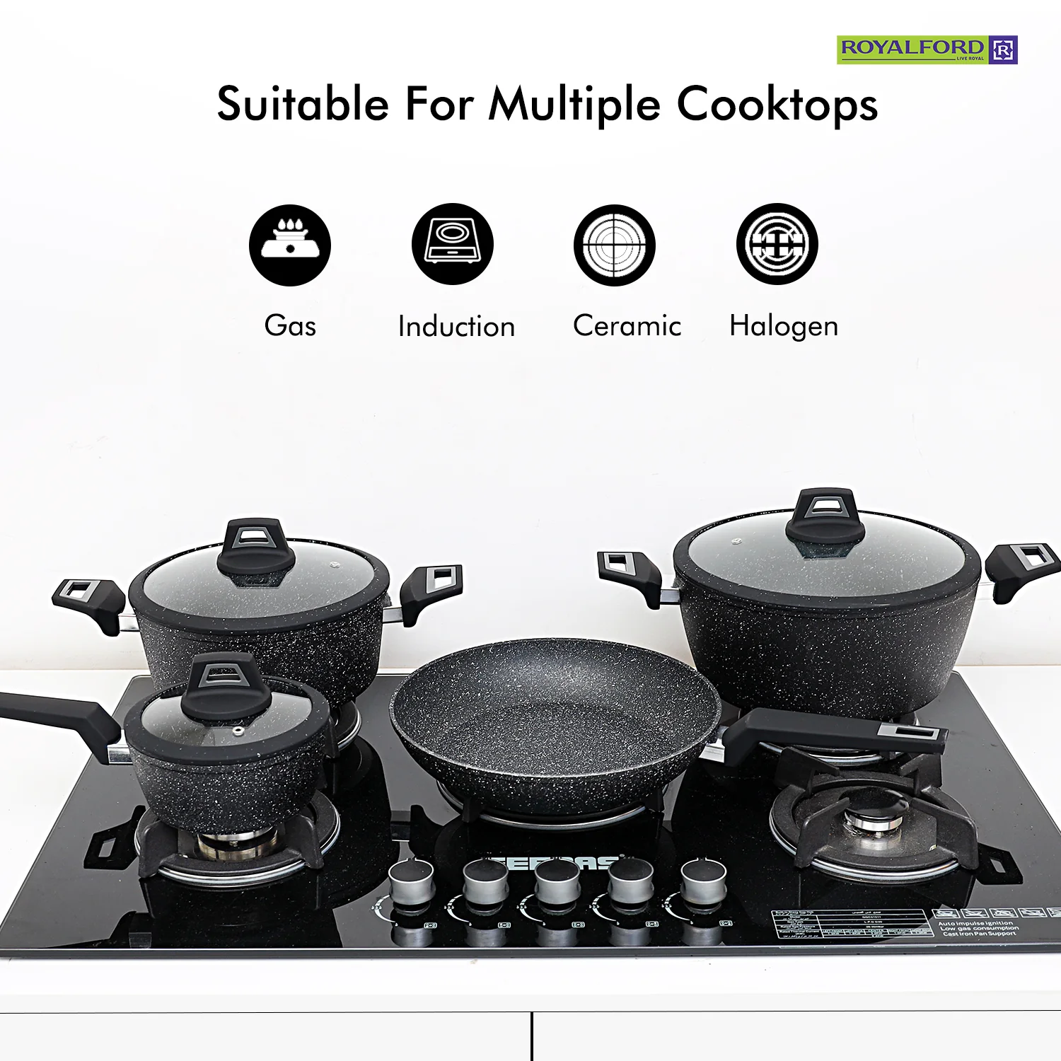 Royalford RF9557 7PCS Black ChefArt Aluminium Cookware Set | Induction Base | 2.5MM Body Thickness | Tempered Glass Lids and Soft Touch Handles for All Cooktops - Image 5