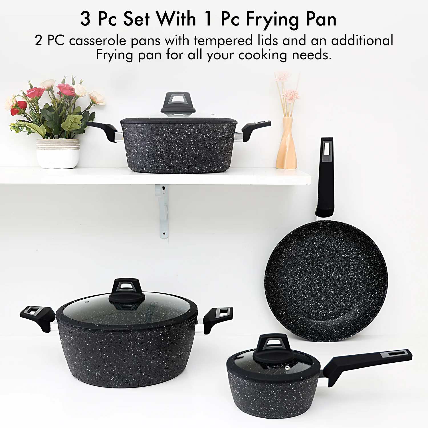 Royalford RF9557 7PCS Black ChefArt Aluminium Cookware Set | Induction Base | 2.5MM Body Thickness | Tempered Glass Lids and Soft Touch Handles for All Cooktops - Image 6