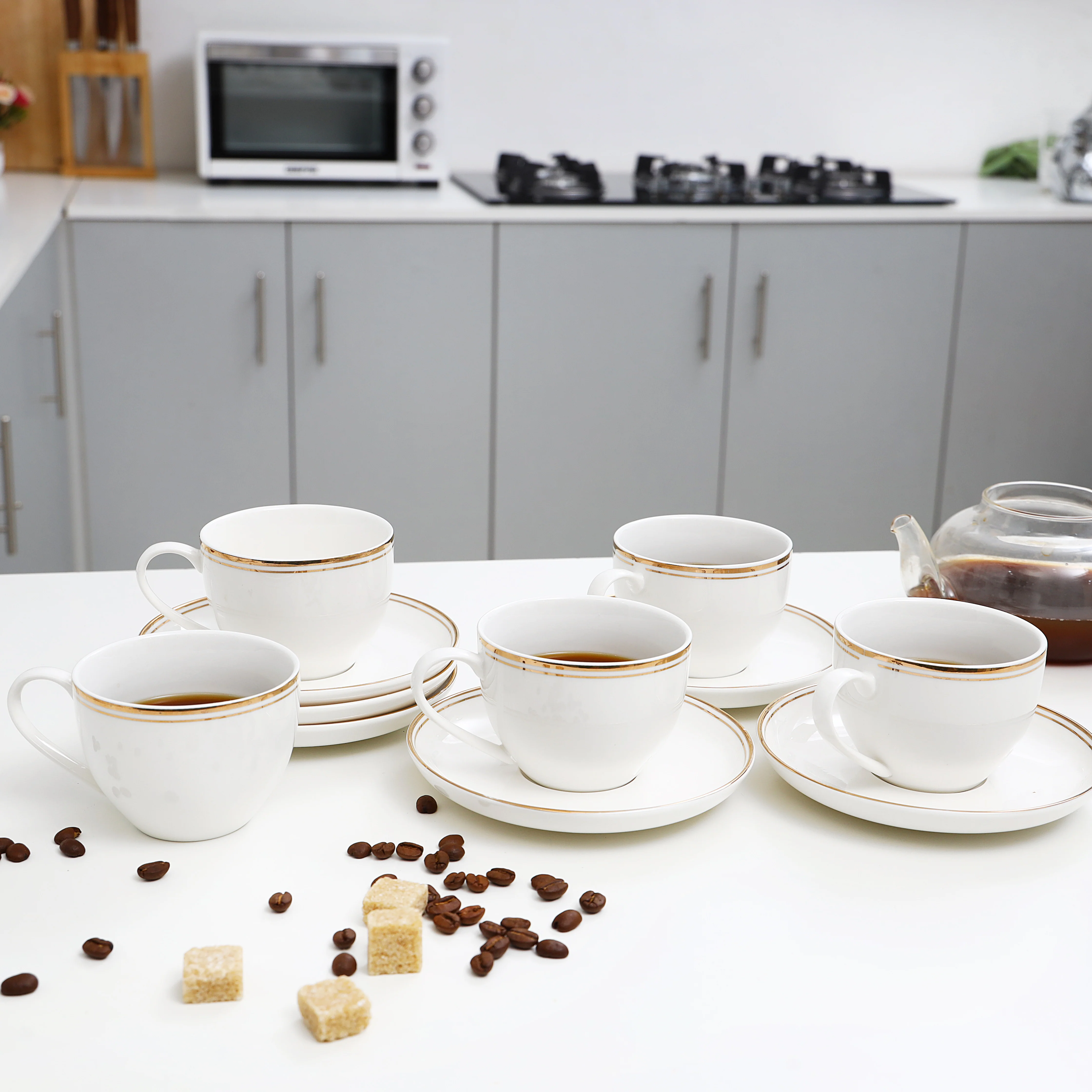 Royalford RF9653 6PCS Bone China Cup & Saucer Set | 220ml Capacity | Pearl White Finish with Elegant Golden Rim | Durable & extra chip-resistant Tea & Coffee Cups - Image 2