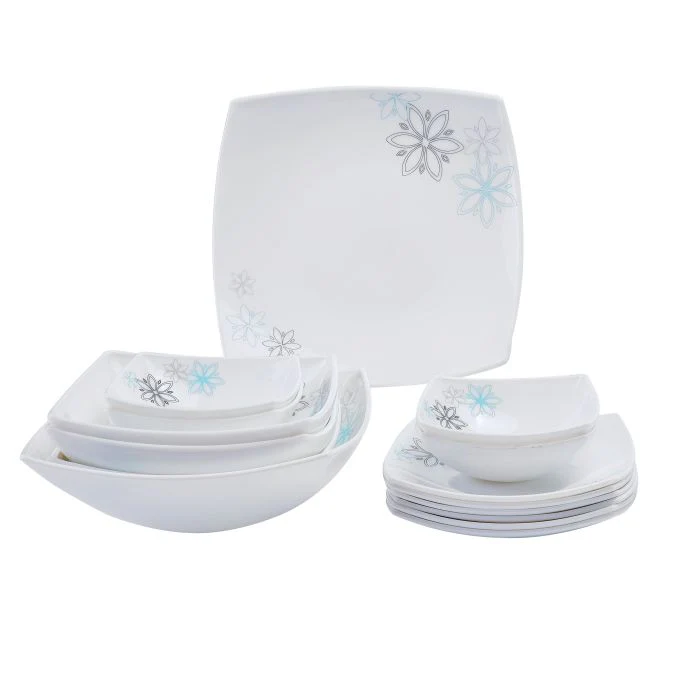 Royalford RF9753 27Pcs Opal Ware Dinner Set - Floral Design Plates, Bowls | Comfortable Handling | Perfect for family everyday use, & family Get- together, restaurant, banquet & More (Blue & Black Design) - Image 3