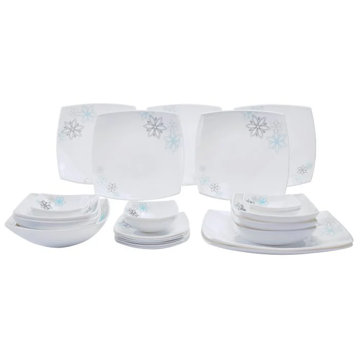 Royalford RF9753 27Pcs Opal Ware Dinner Set - Floral Design Plates, Bowls | Comfortable Handling | Perfect for family everyday use, & family Get- together, restaurant, banquet & More (Blue & Black Design) - Image 4
