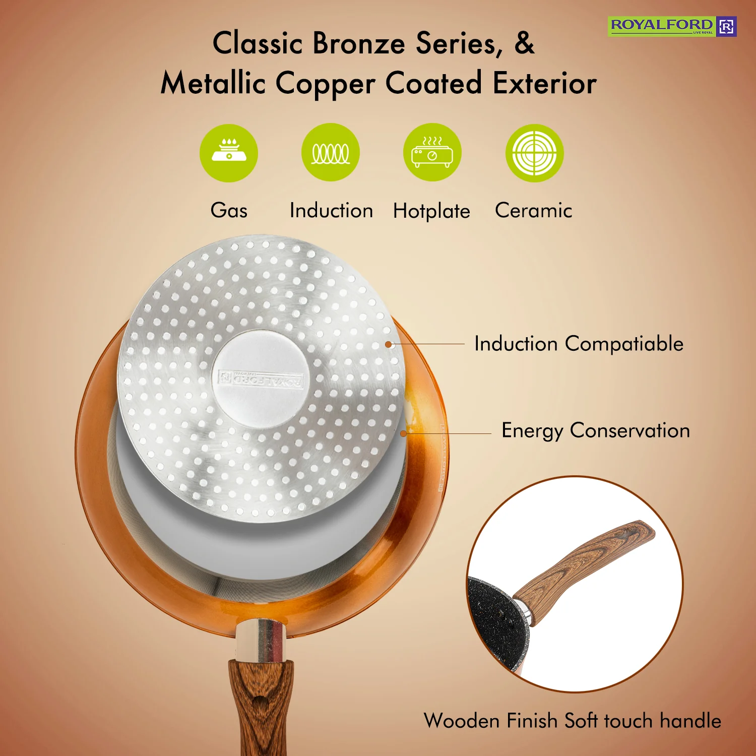 Royalford RF9769 10 Pieces Classic Bronze Granite Coated Cookware Set | Induction Compatible | Forged Aluminium Pots and Pans | 3 Layer Durable Coating Kitchen Set - Image 5