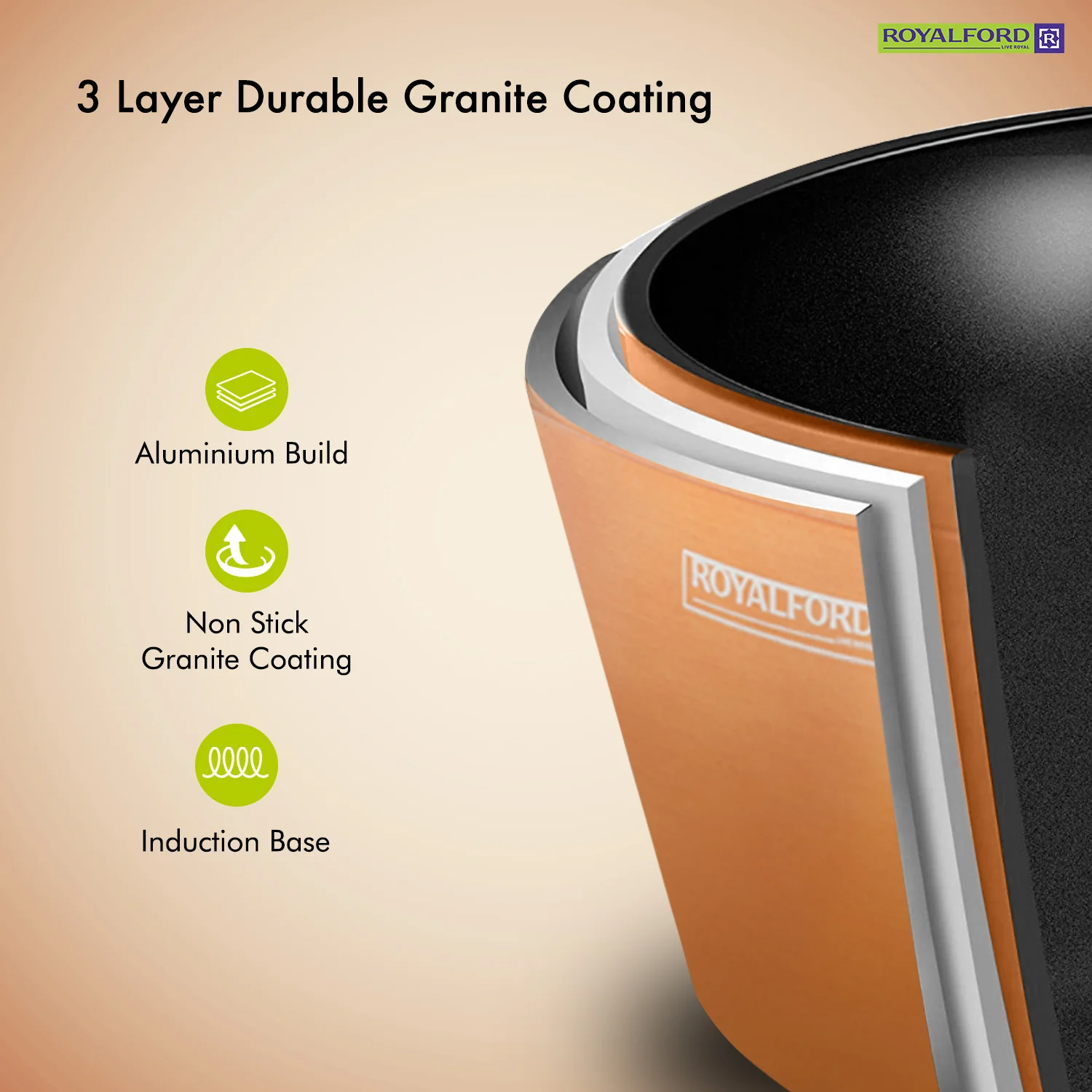 Royalford RF9769 10 Pieces Classic Bronze Granite Coated Cookware Set | Induction Compatible | Forged Aluminium Pots and Pans | 3 Layer Durable Coating Kitchen Set - Image 6
