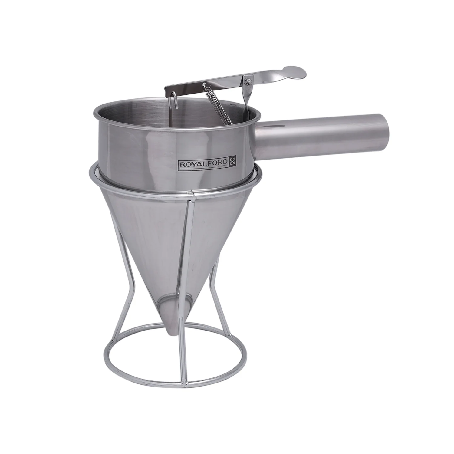 Royalford RF9770 Stainless Steel Batter Dispenser | Premium Spring Valve Funnel | 8mm Funnel Design | Drip-Free Flow Control for Cake, Dosa, Pancake, Waffle Etc