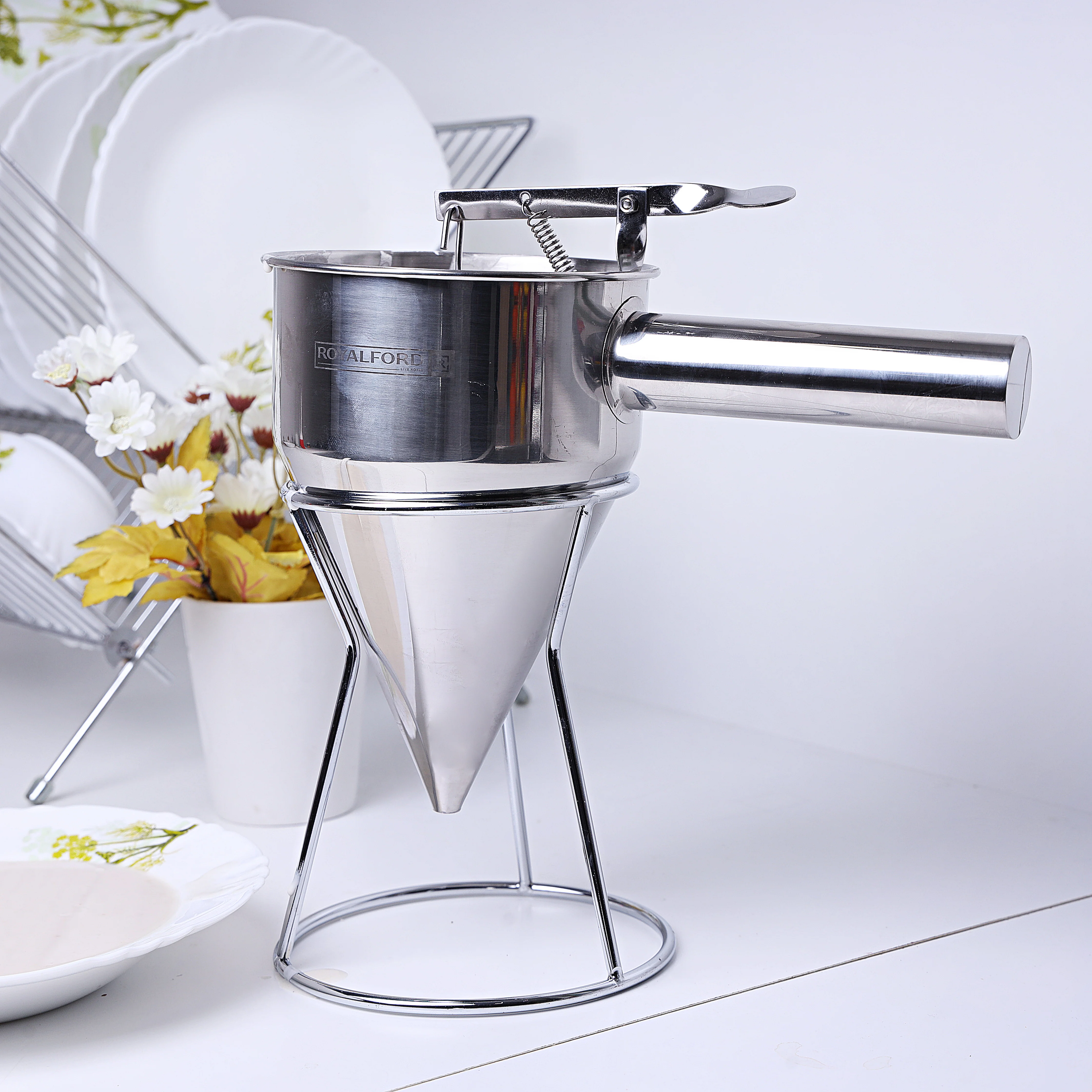 Royalford RF9770 Stainless Steel Batter Dispenser | Premium Spring Valve Funnel | 8mm Funnel Design | Drip-Free Flow Control for Cake, Dosa, Pancake, Waffle Etc - Image 2