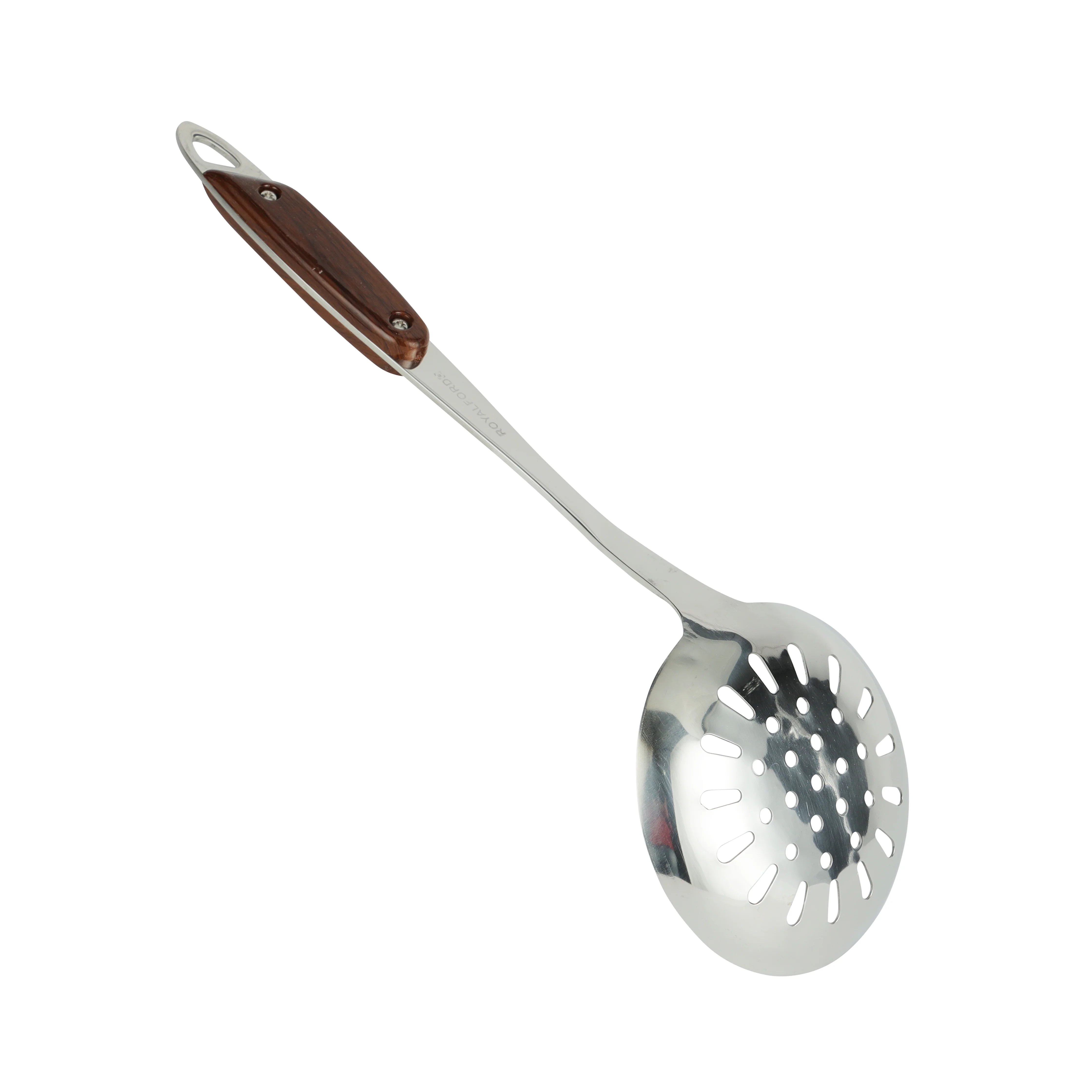Royalford RF9775 Stainless Steel Skimmer | Wooden Finish Polymer Handle for Frying & Straining | Durable | Ergonomic | Rust-Resistant & Dishwasher Safe Kitchen Utensil - Image 3