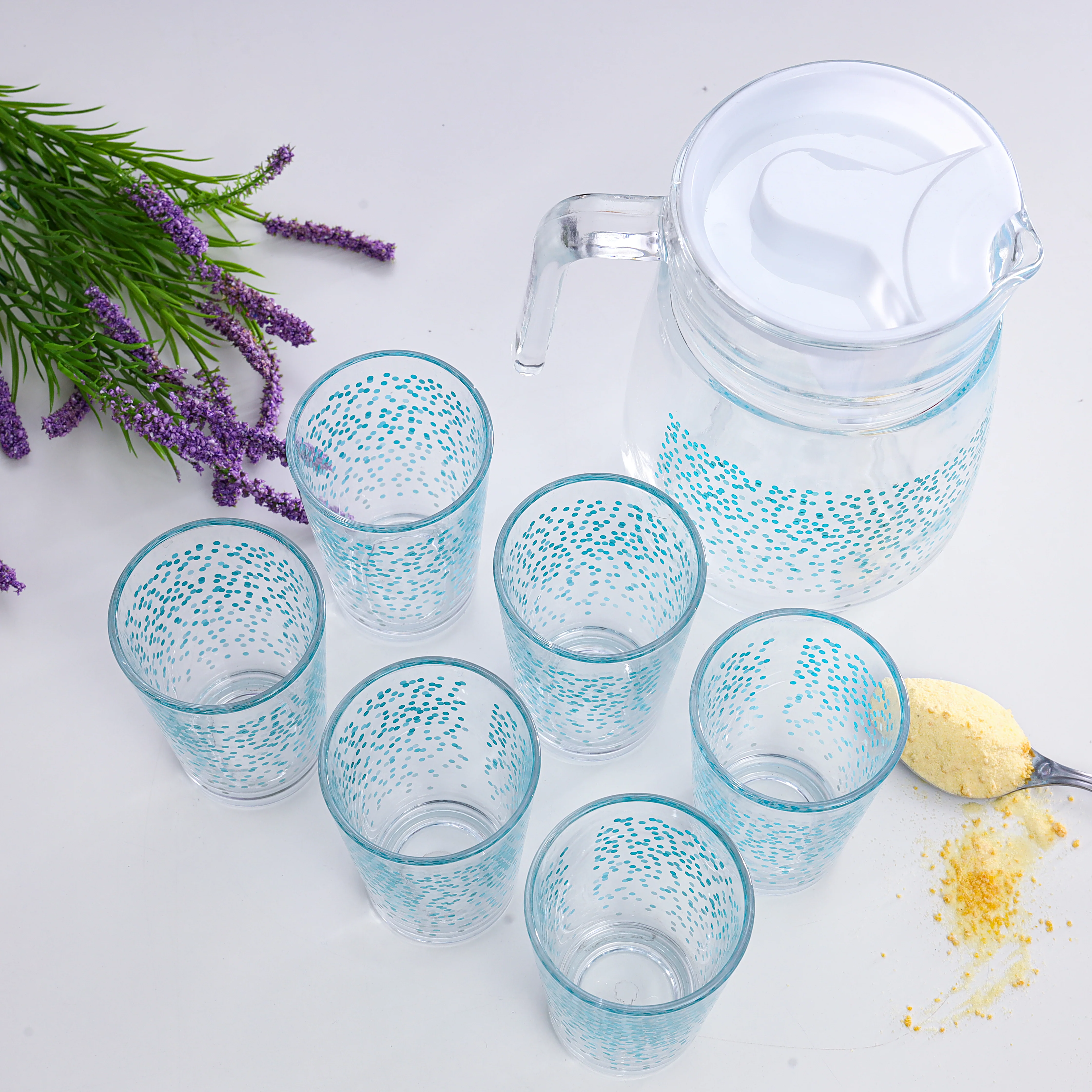 Royalford RF9830 7-Pcs Glass Water Jug & Tumbler Set | Premium-Quality Durable Glassware |1300ml Jug & 6 Printed Tumblers | Removable Lid for Hygienic Use & Easy Cleaning - Image 2
