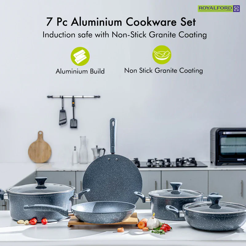 Royalford RF9838GR 10 Pcs Forged Aluminium Cookware Set | Granite Non-Stick | Induction Compatible Base Soft Touch Handles| Tempered Glass Lids for Multi Cooktop Cooking - Image 3