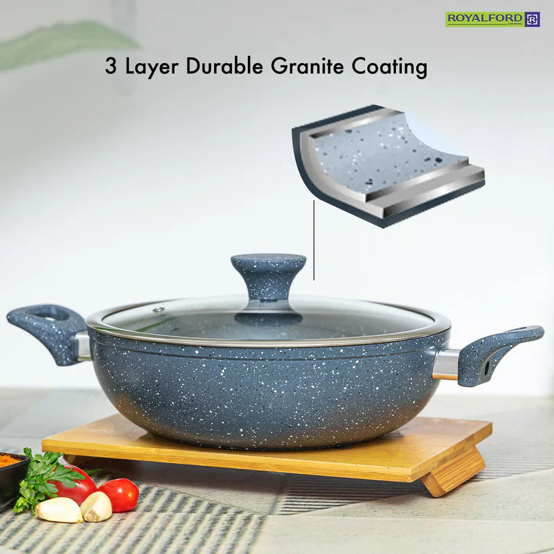 Royalford RF9838GR 10 Pcs Forged Aluminium Cookware Set | Granite Non-Stick | Induction Compatible Base Soft Touch Handles| Tempered Glass Lids for Multi Cooktop Cooking - Image 5