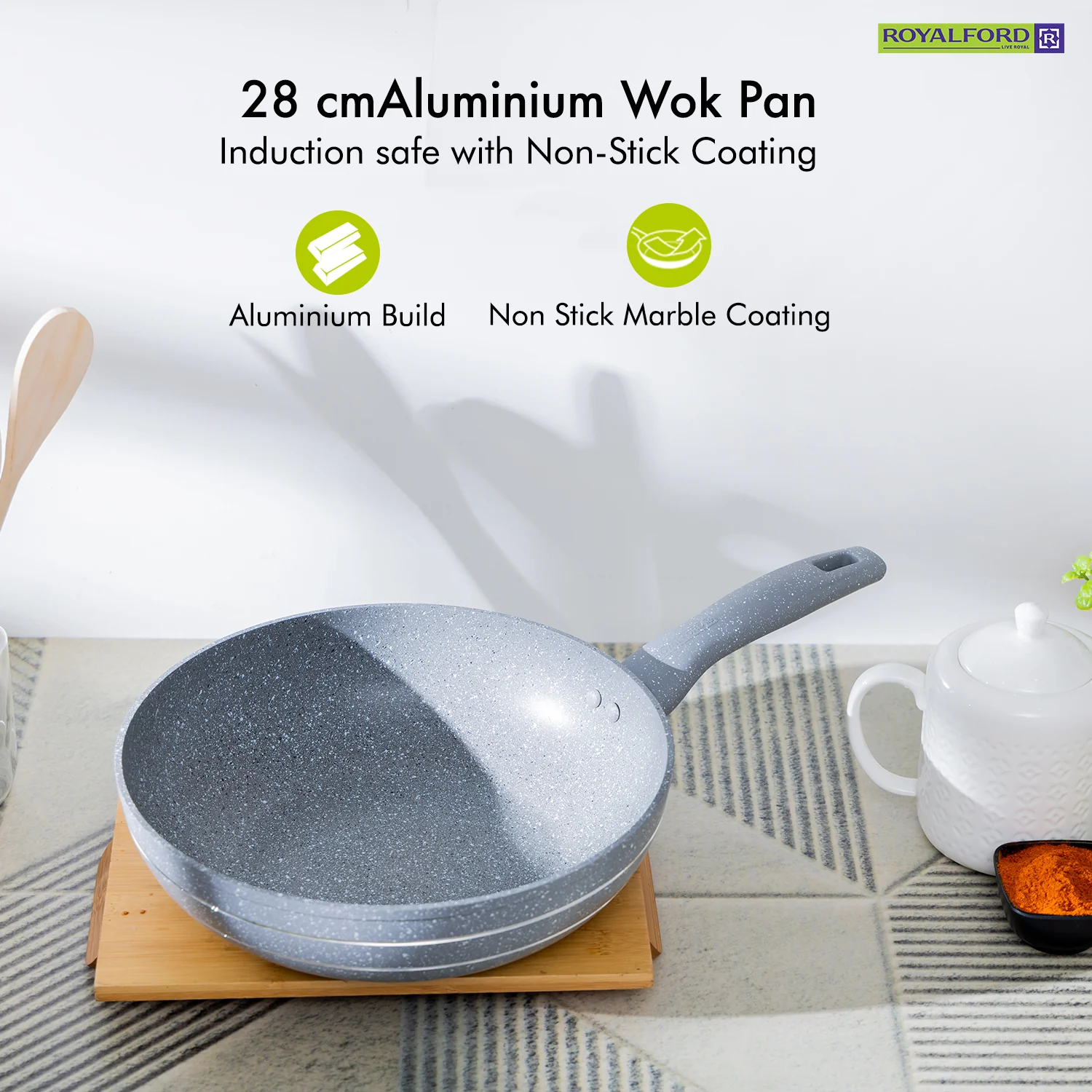 Royalford RF9841BGE 28cm Smart Wokpan|  Marble Coating |  Forged Aluminium Induction Wok featuring 3.8mm Thick Base |  Soft-Touch Handle |  PFOA & PTFE Free Cookware - Image 2