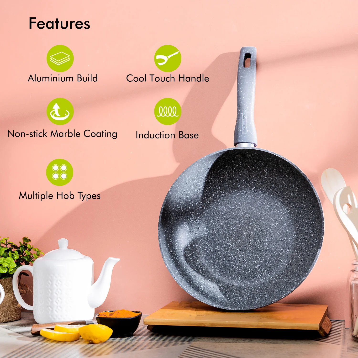 Royalford RF9841BGE 28cm Smart Wokpan|  Marble Coating |  Forged Aluminium Induction Wok featuring 3.8mm Thick Base |  Soft-Touch Handle |  PFOA & PTFE Free Cookware - Image 5